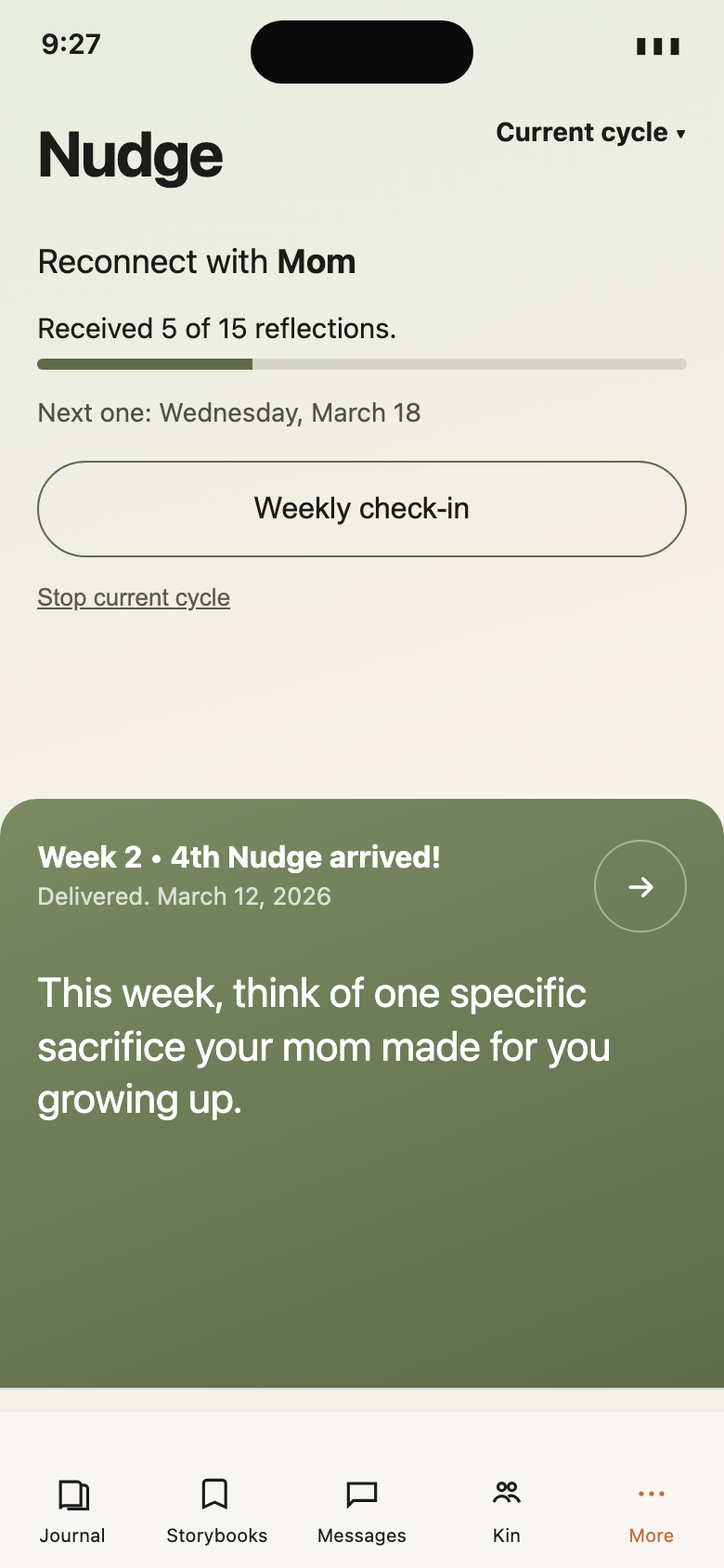 Nudge home. Reconnect with Mom. Five of fifteen reflections.