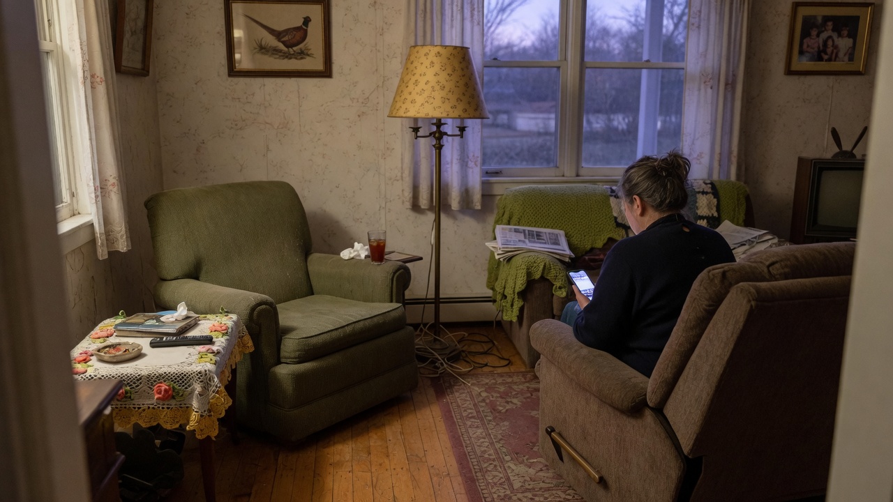 An empty chair across from someone on their phone