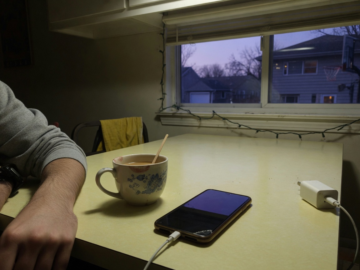 A phone face-down on a kitchen table