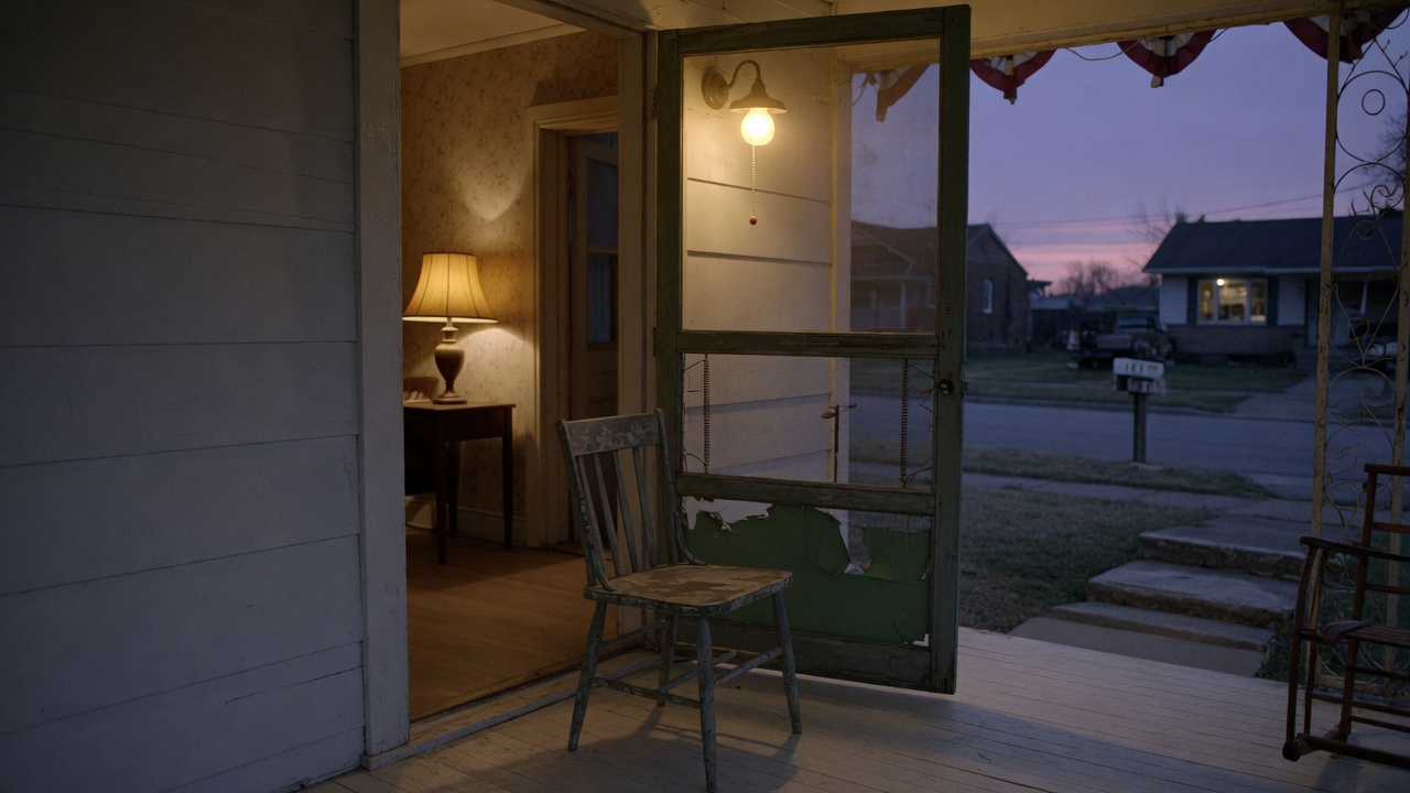 A porch at last light. The chair is empty.