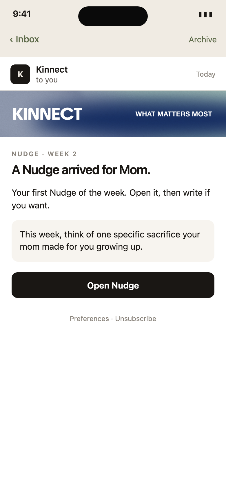 A Kinnect Nudge email in Mail. A Nudge arrived for Mom.