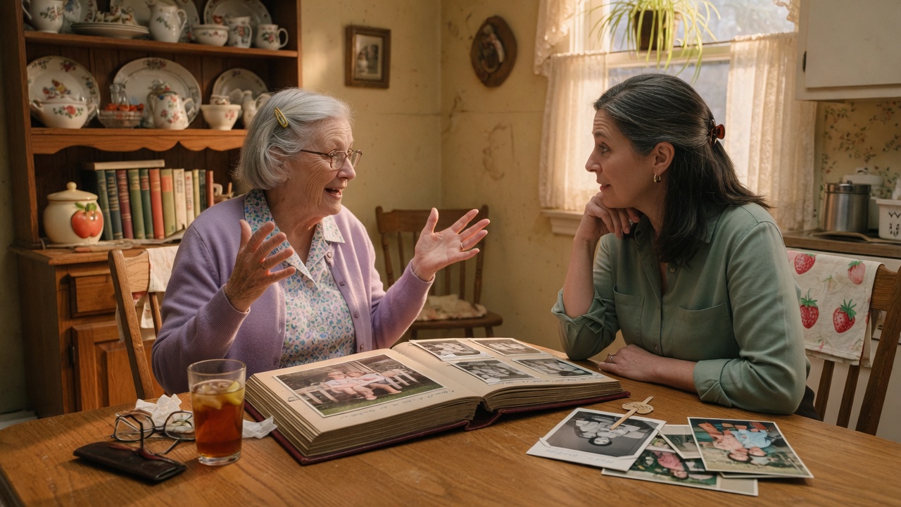 A parent telling family stories from an album. That is what a Storybook keeps.