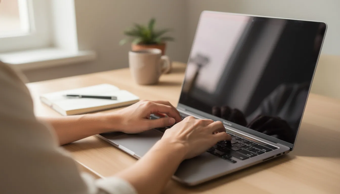 The image depicts hands typing on a laptop keyboard in a cozy home office, symbolizing the digital environment where many nurse practitioner students engage in clinical education and the preceptor matching process for their clinical rotations. This setting reflects the modern approach to finding NP preceptors and managing the clinical placement process effectively.