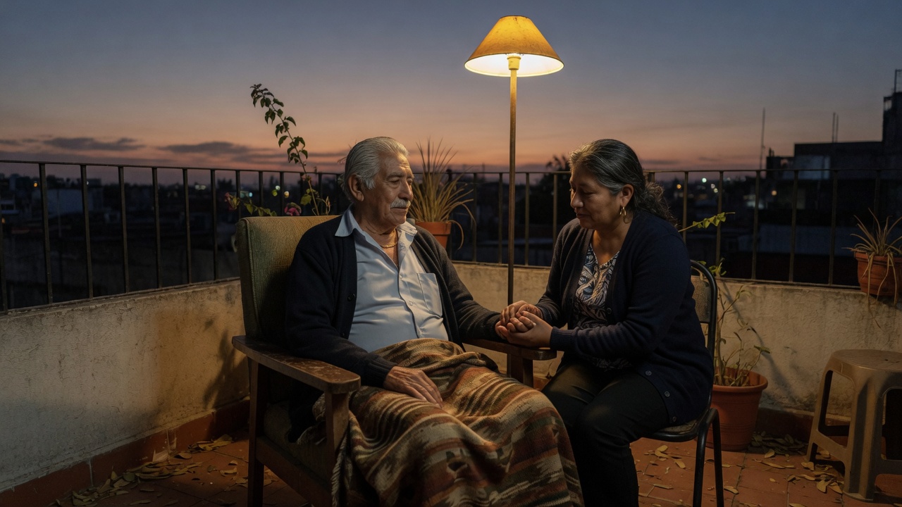 Un padre y su hija en la azotea al anochecer.