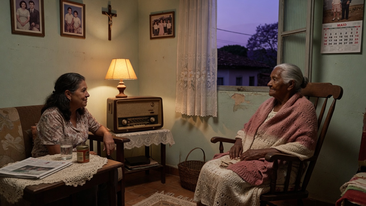 Mãe e filha conversando à noite, em casa.