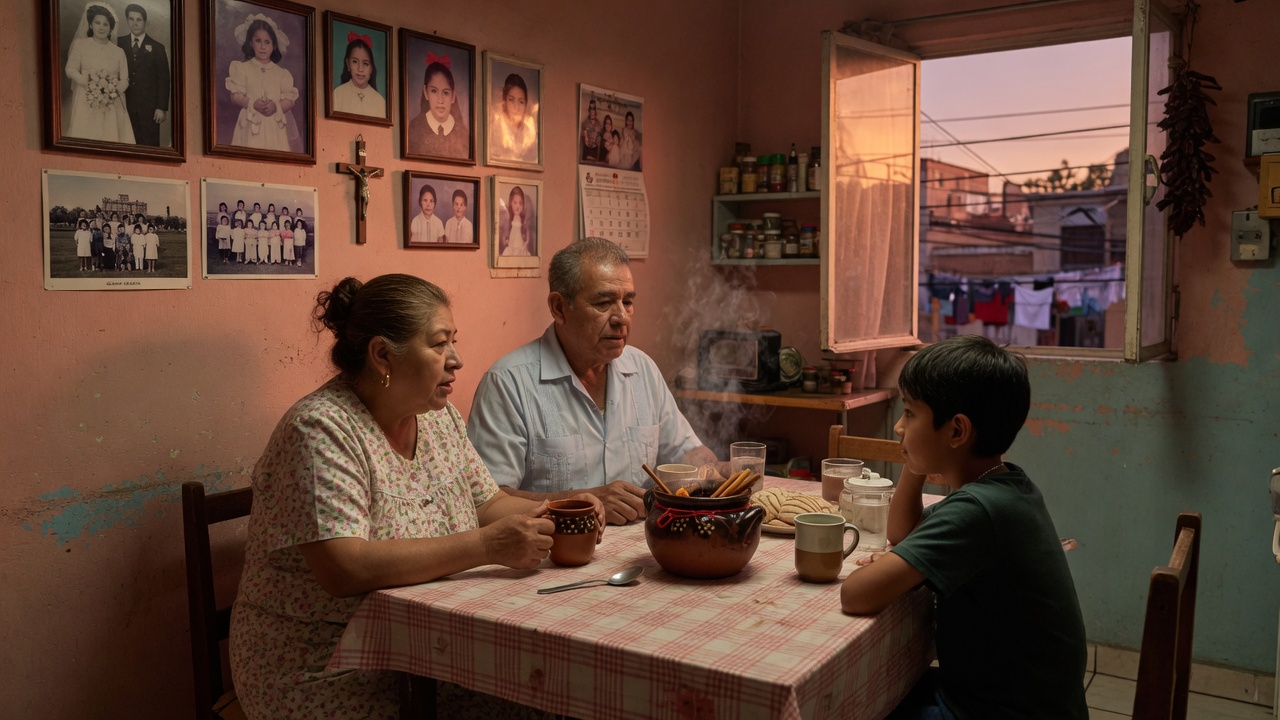 Una familia en la cocina, contando la vida.