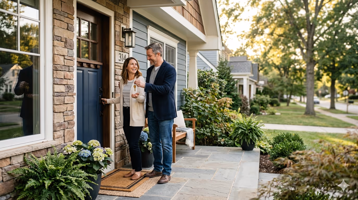 Smiling couple standing at the front door of a house with the man handing a key to the woman on a sunny residential street.