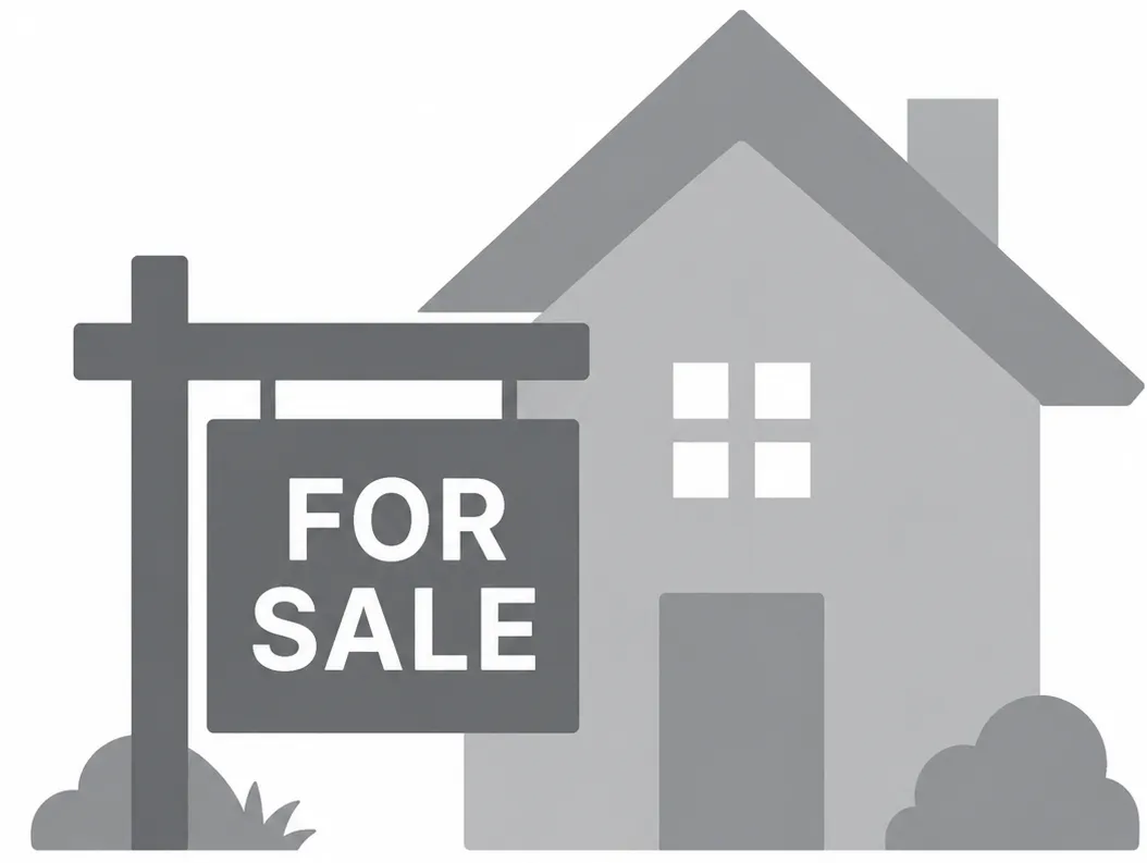 Gray house with chimney and four-pane window, and a 'FOR SALE' sign in front with bushes.