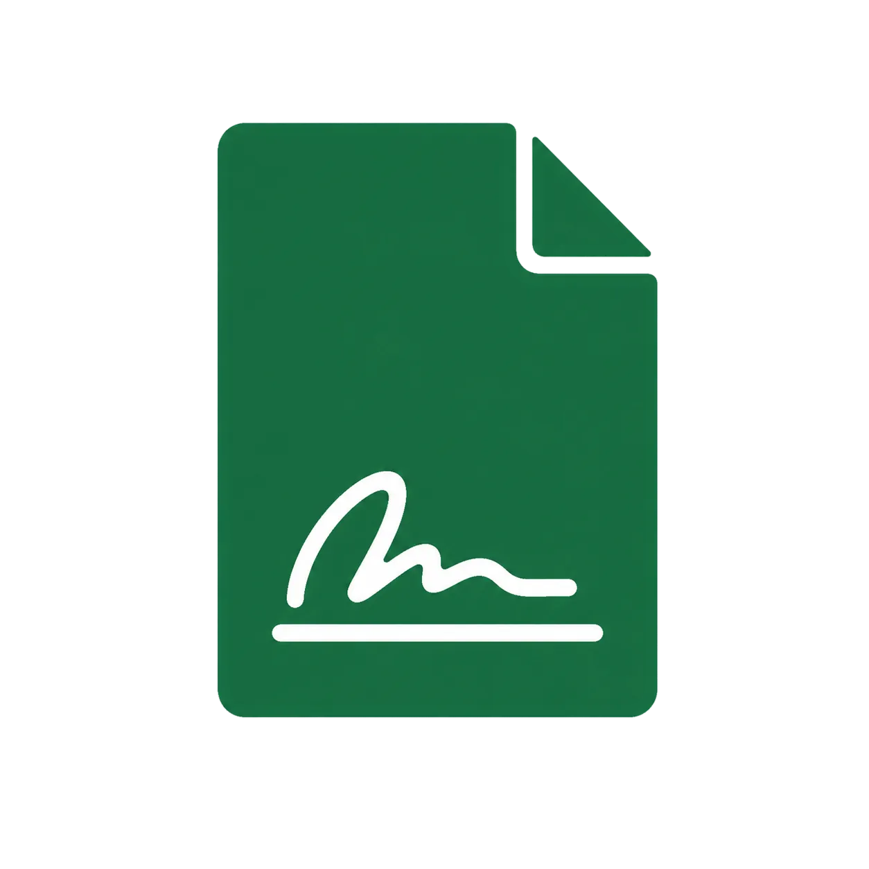 Green document icon with white signature symbol and folded corner on top right.