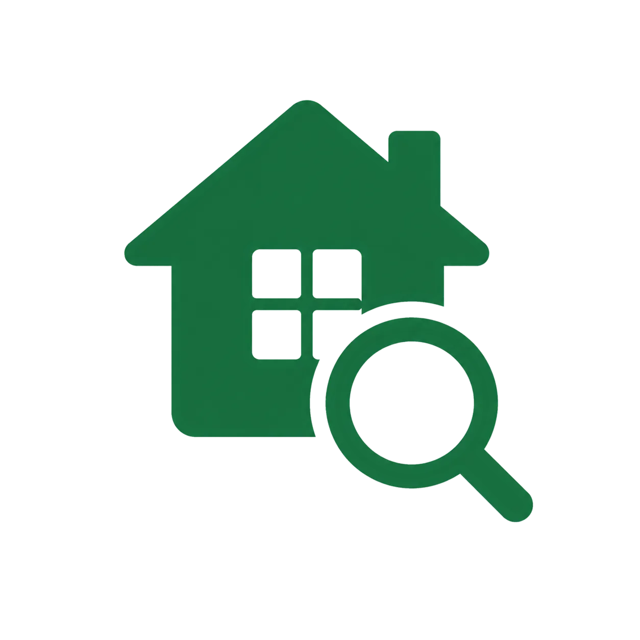 Green house icon with magnifying glass symbolizing home search or real estate search.