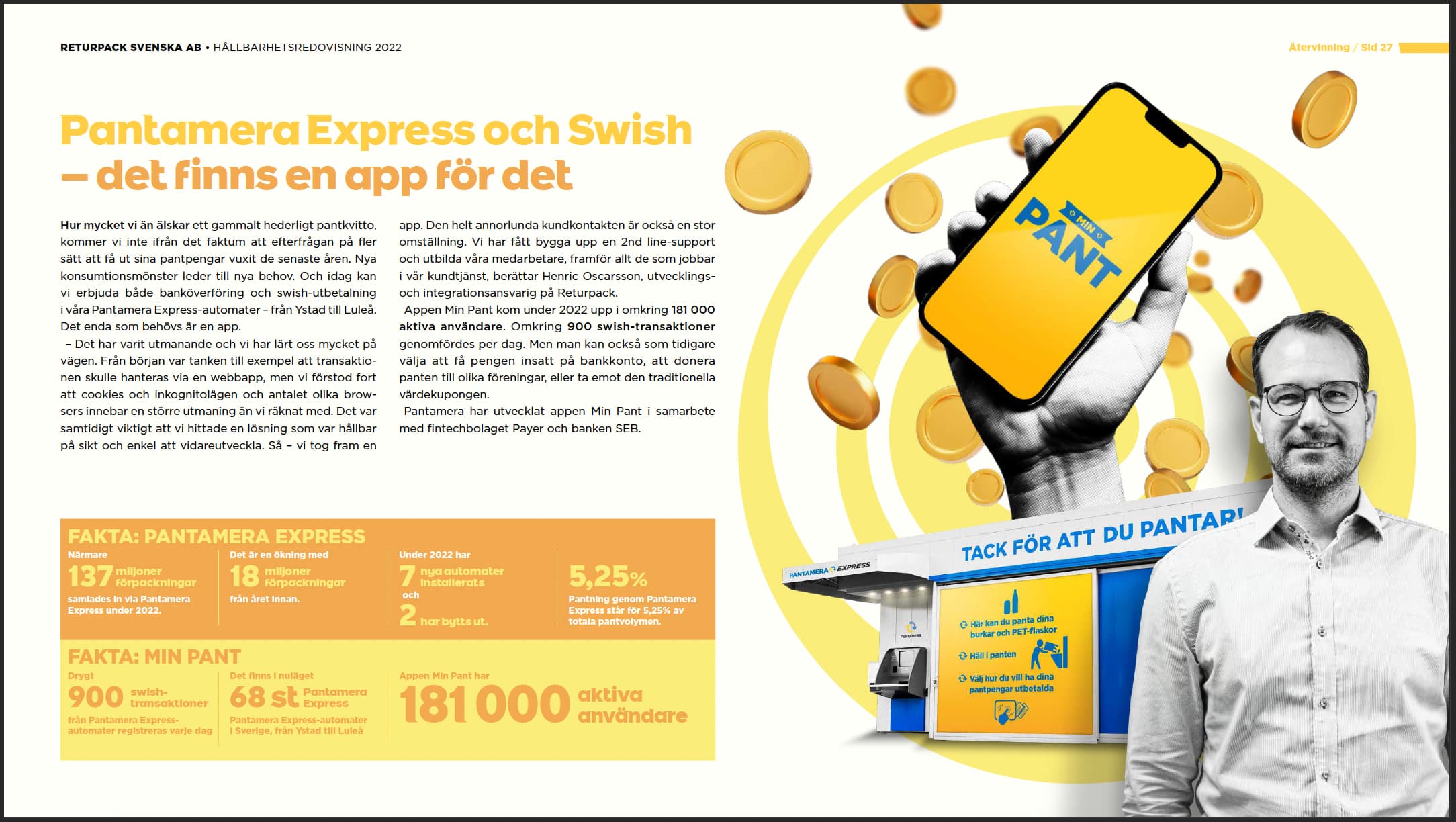 An informative graph and text with a collage, inluding a hand holding a phone, a reverse vending machine and a man in a shirt with glasses