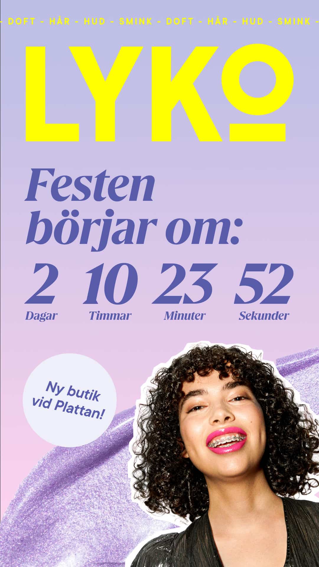 Countdown to event with text in Swedish and smiling woman with curly hair, braces, and bright pink lipstick on purple background.