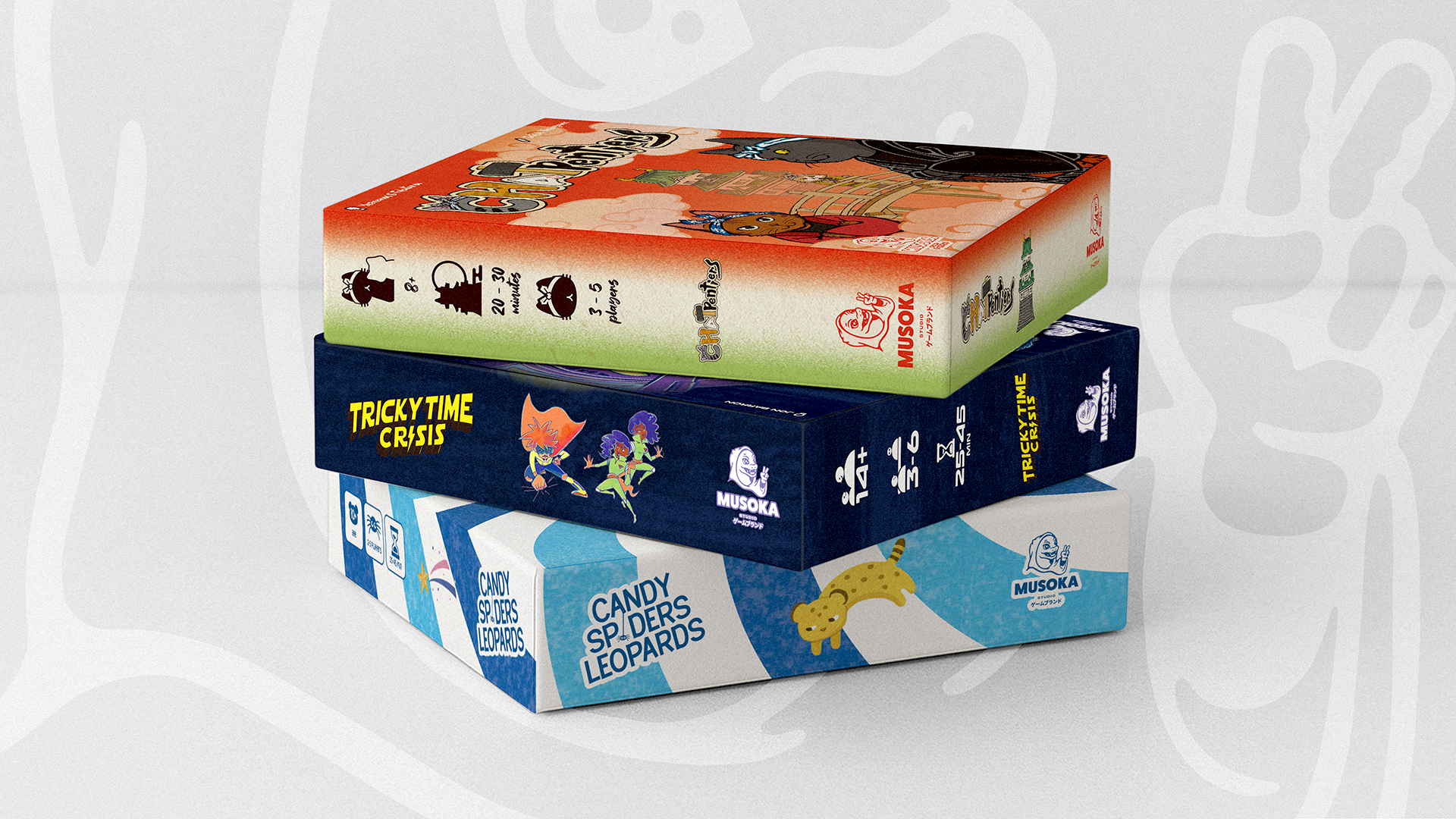 Image des trois boîtes de jeux travaillés avec MUSOKA Studio : Chatpentiers, Tricky Time Crisis et Candy Spiders Leopards.