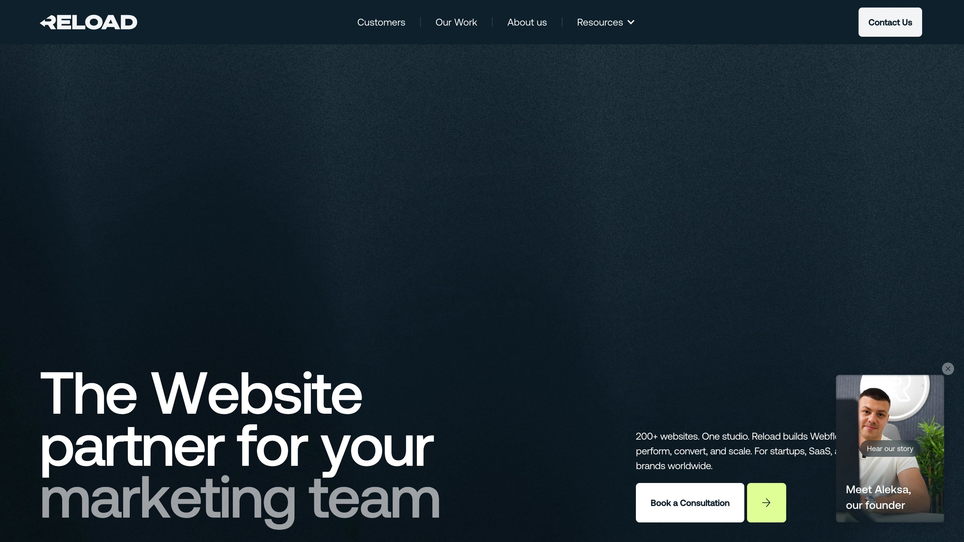 Page d’accueil de Reload, agence Webflow spécialisée dans les sites pour équipes marketing
