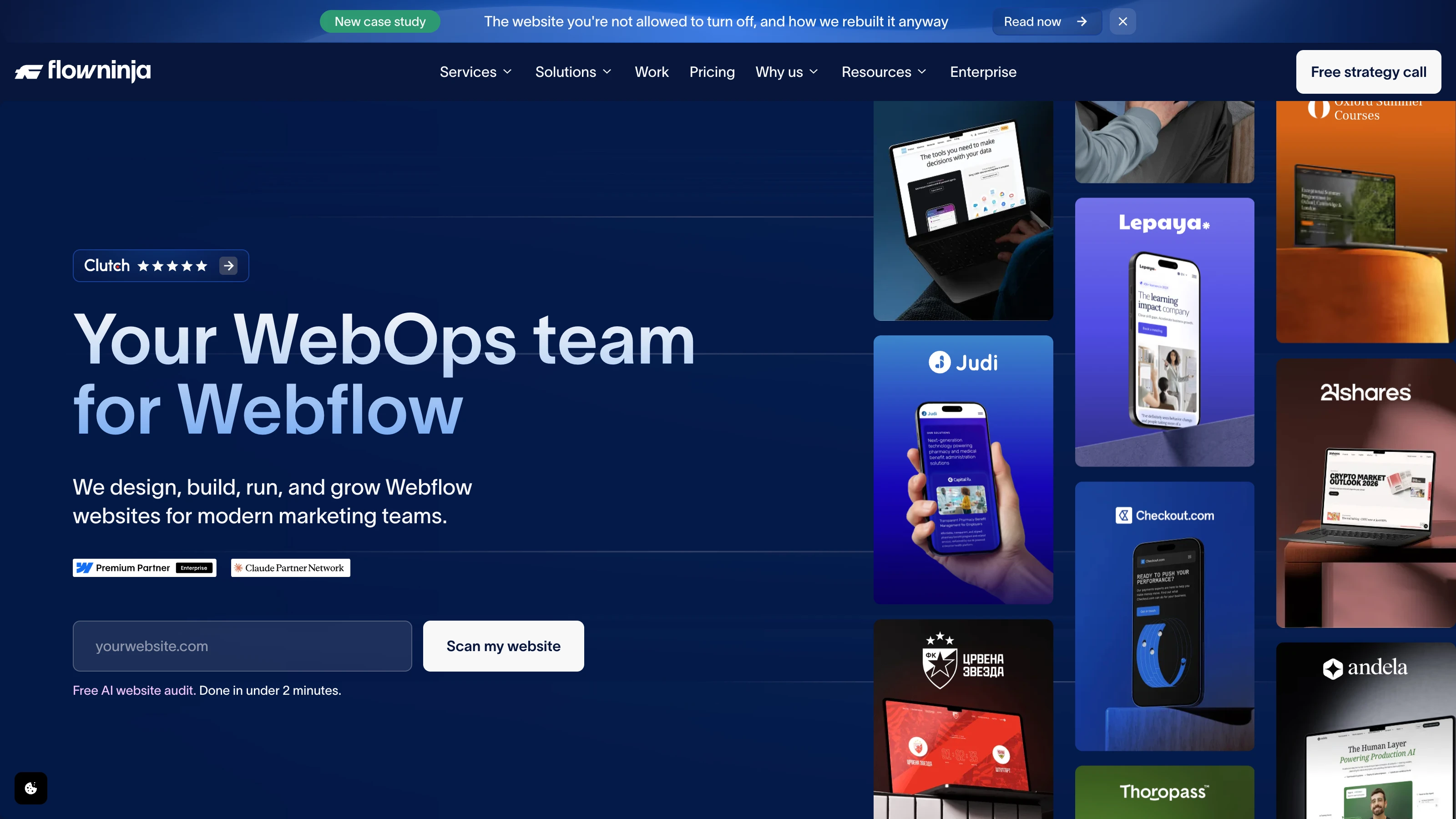Page d’accueil de Flow Ninja, agence Webflow Enterprise spécialisée en WebOps