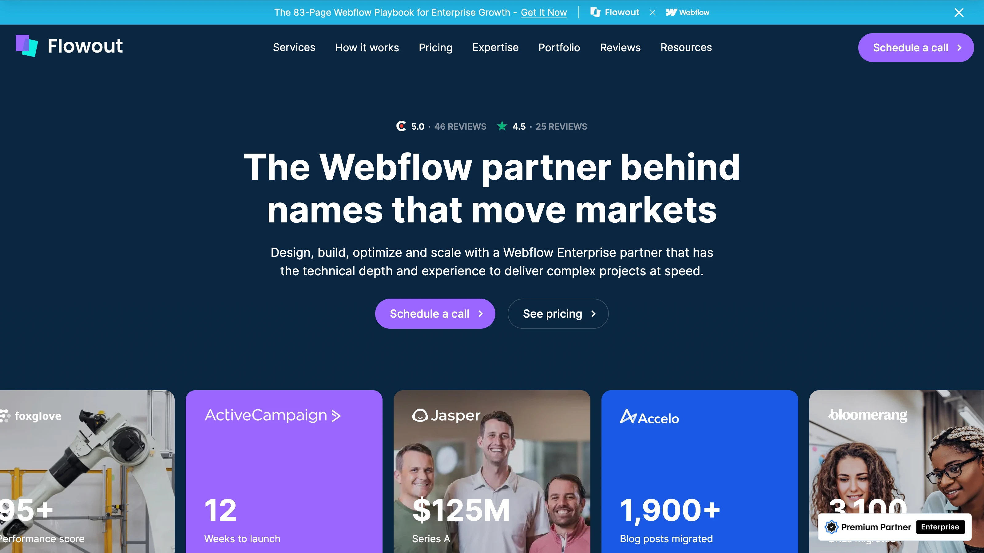 Page d’accueil de Flowout, agence Webflow Enterprise spécialisée en design, développement et optimisation