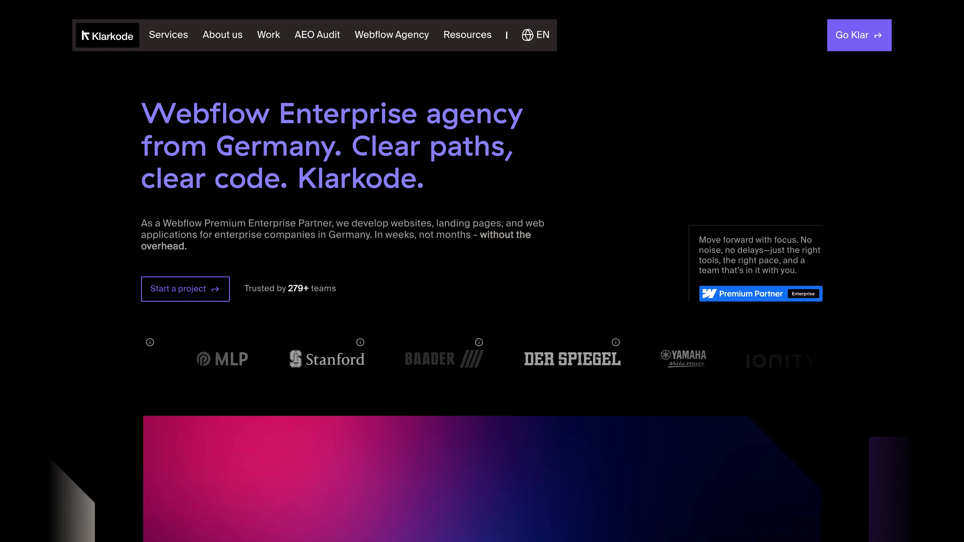 Page d’accueil de Klarkode, agence Webflow Enterprise basée en Allemagne