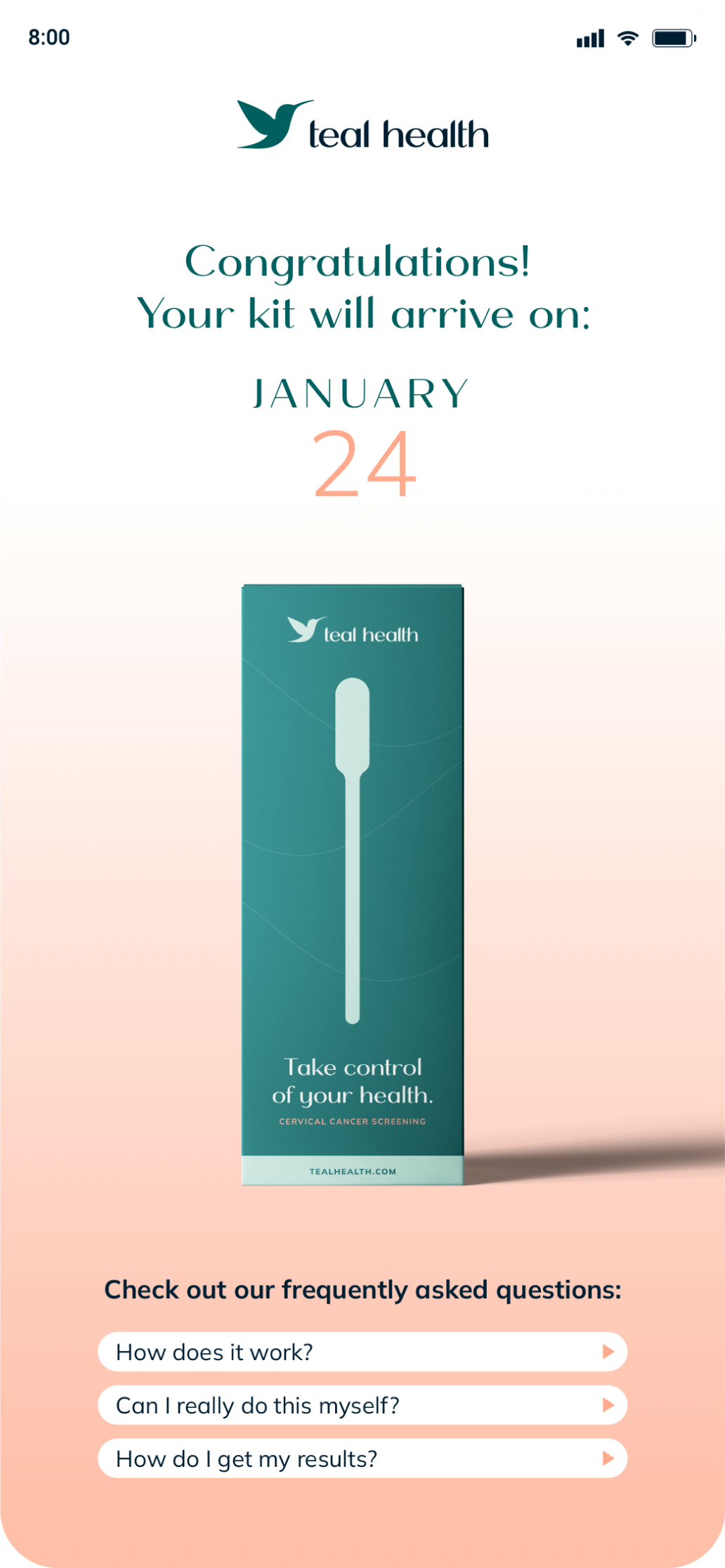 Image of mobile software showing when a patient's cervical cancer screening kit is expected to be delivered.