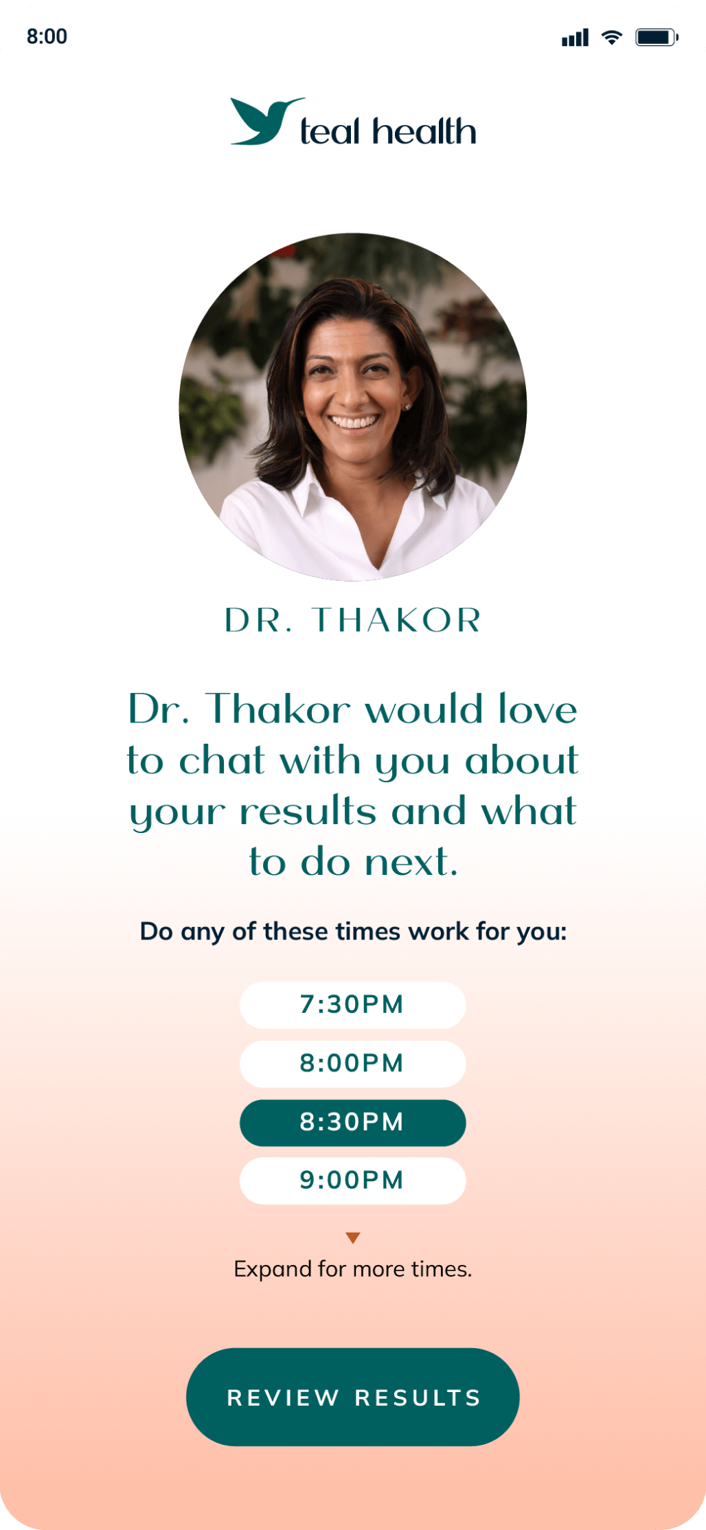 Screenshot of Teal app; user is booking time with their doctor