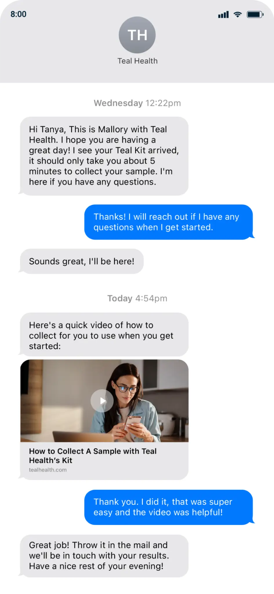 Image of phone with text messages from Teal Health