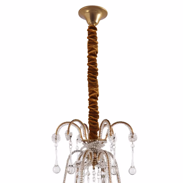Lustre suspendu avec chaîne recouverte de tissu marron et décorations en cristal transparent.