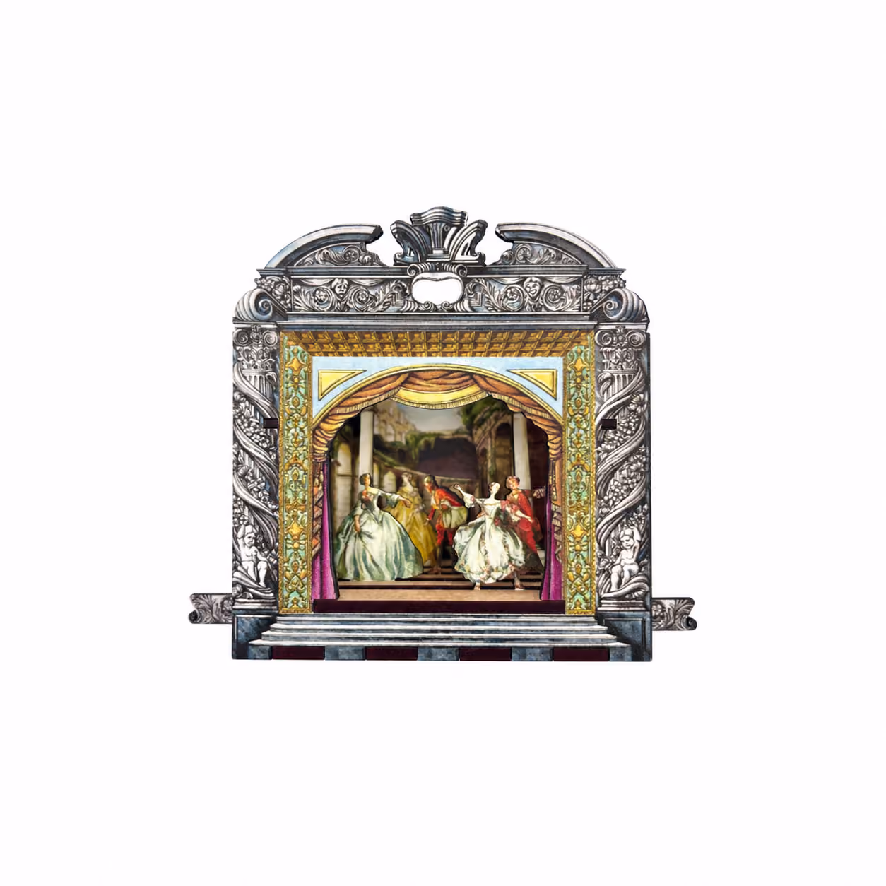 Petit théâtre miniature avec un cadre orné et sculpté, présentant une scène avec des artistes en costumes élégants du XVIIIe siècle dansant sur une scène décorée de colonnes et rideaux dorés.