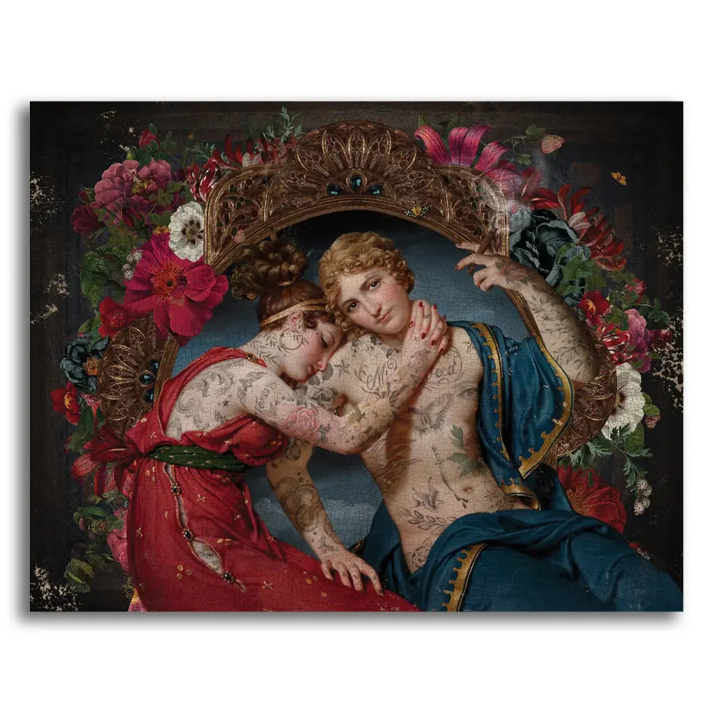 Toile craquelée Amy et Blake, couple enlacé sous un cadre floral et doré