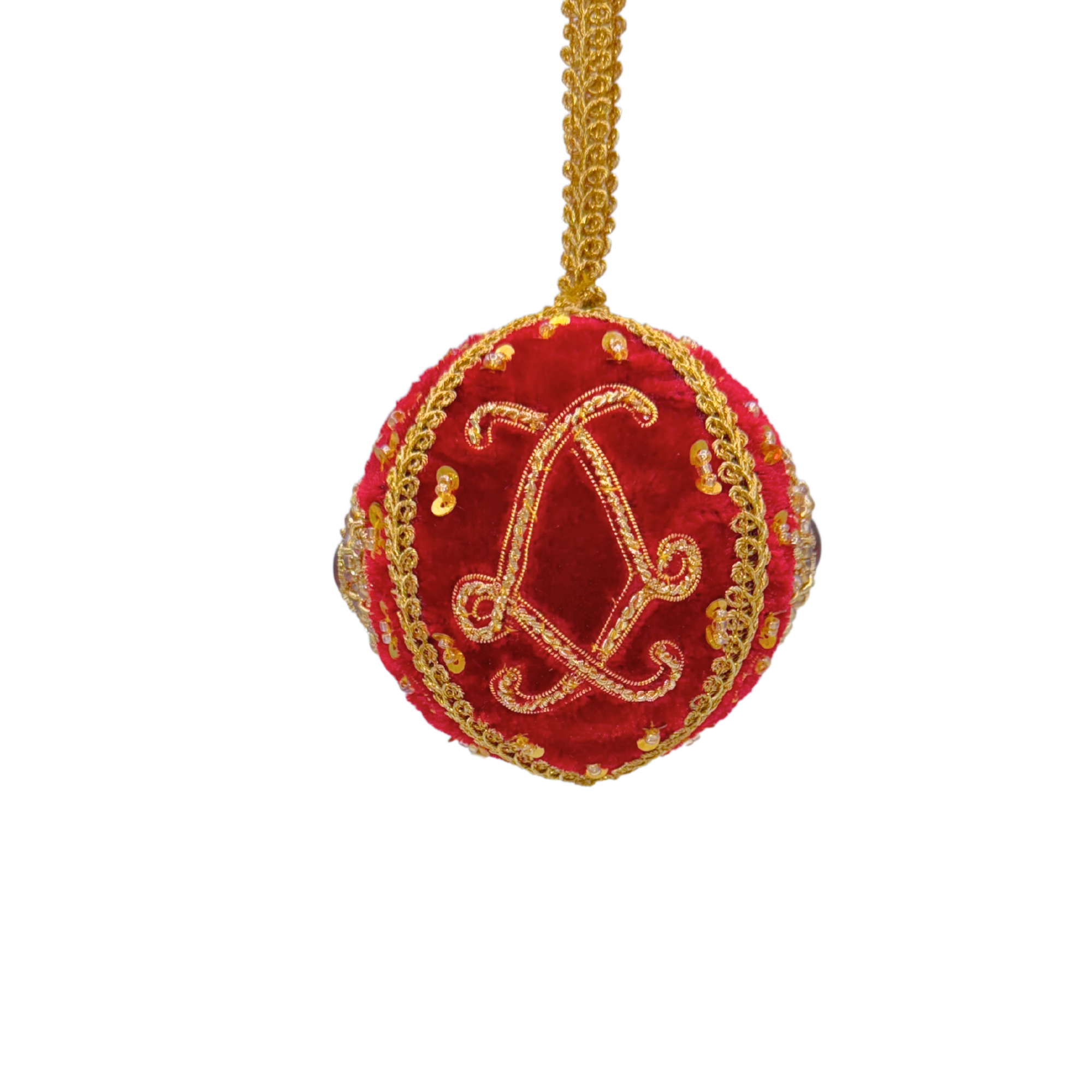 Boule de Noël en velours rouge brodée de fil doré, cordon tressé or