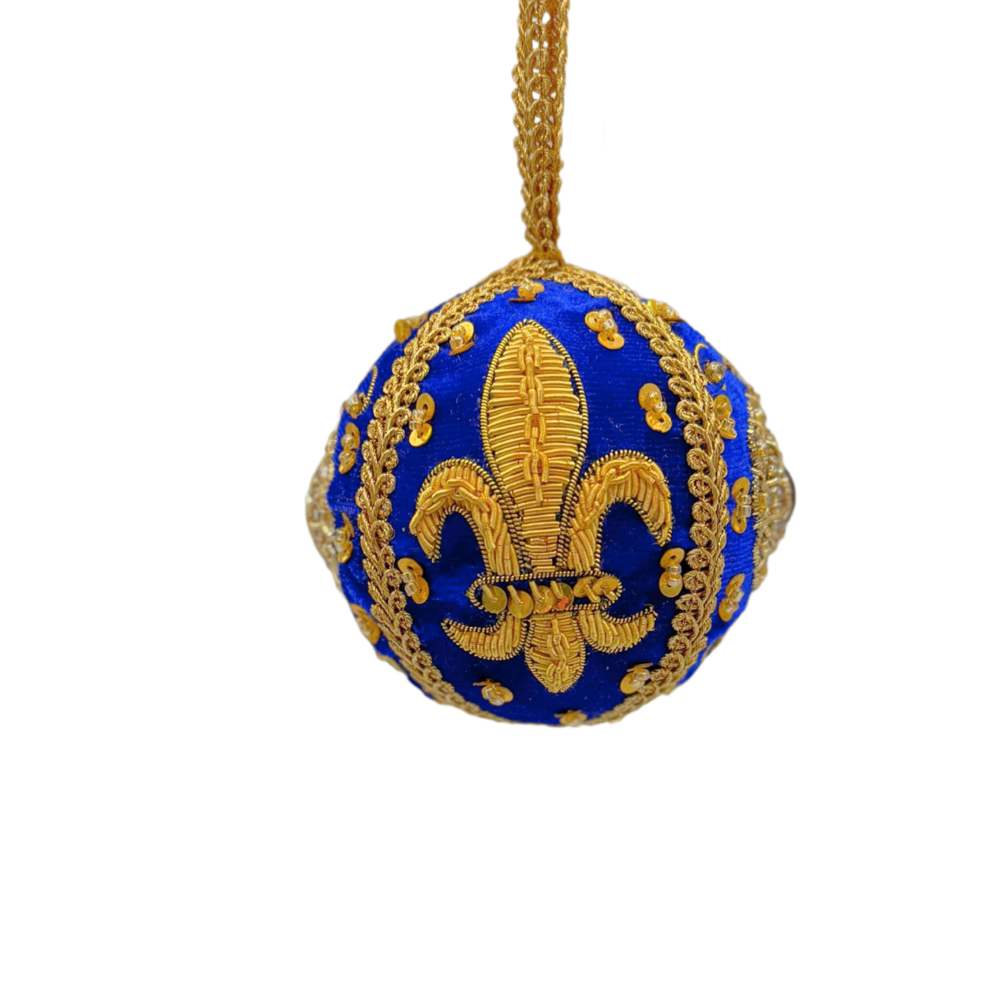 Boule de Noël en velours bleu brodée de fil doré avec fleur de lys