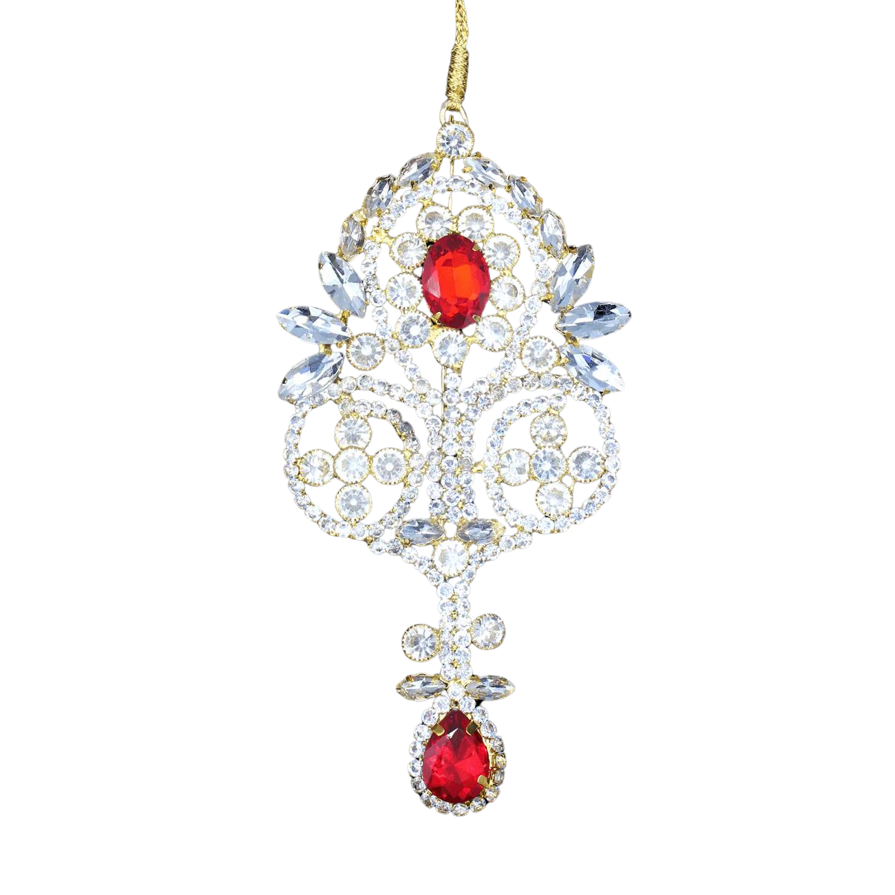 Pampille baroque en cristaux blancs et rouges, armature dorée ajourée