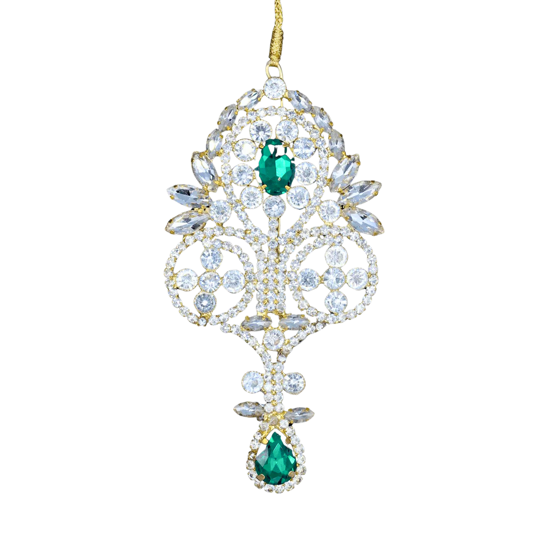 Pampille baroque en métal doré et cristaux transparents avec cabochons verts