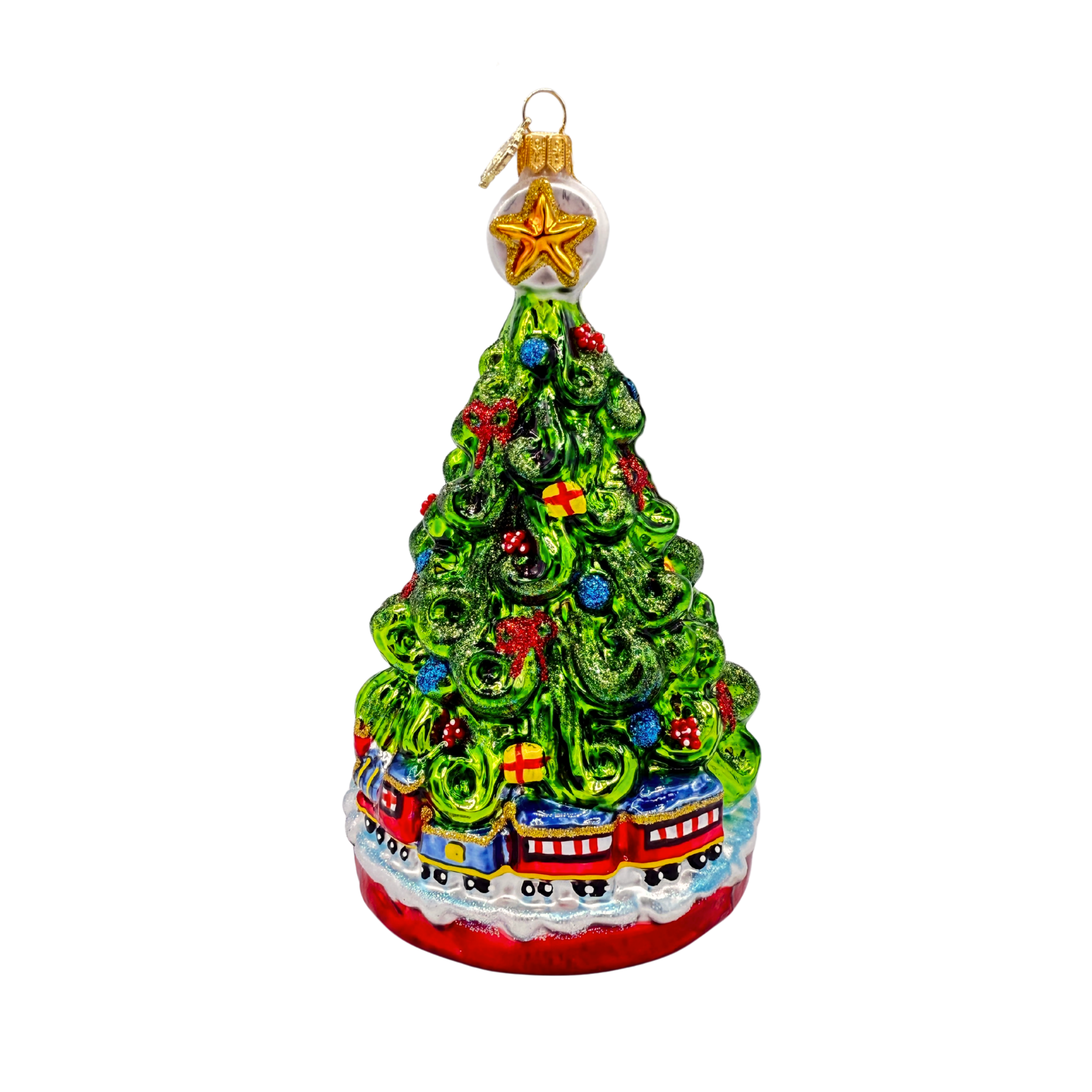 Sapin de Noël en verre soufflé vert décoré d un train miniature rouge et bleu