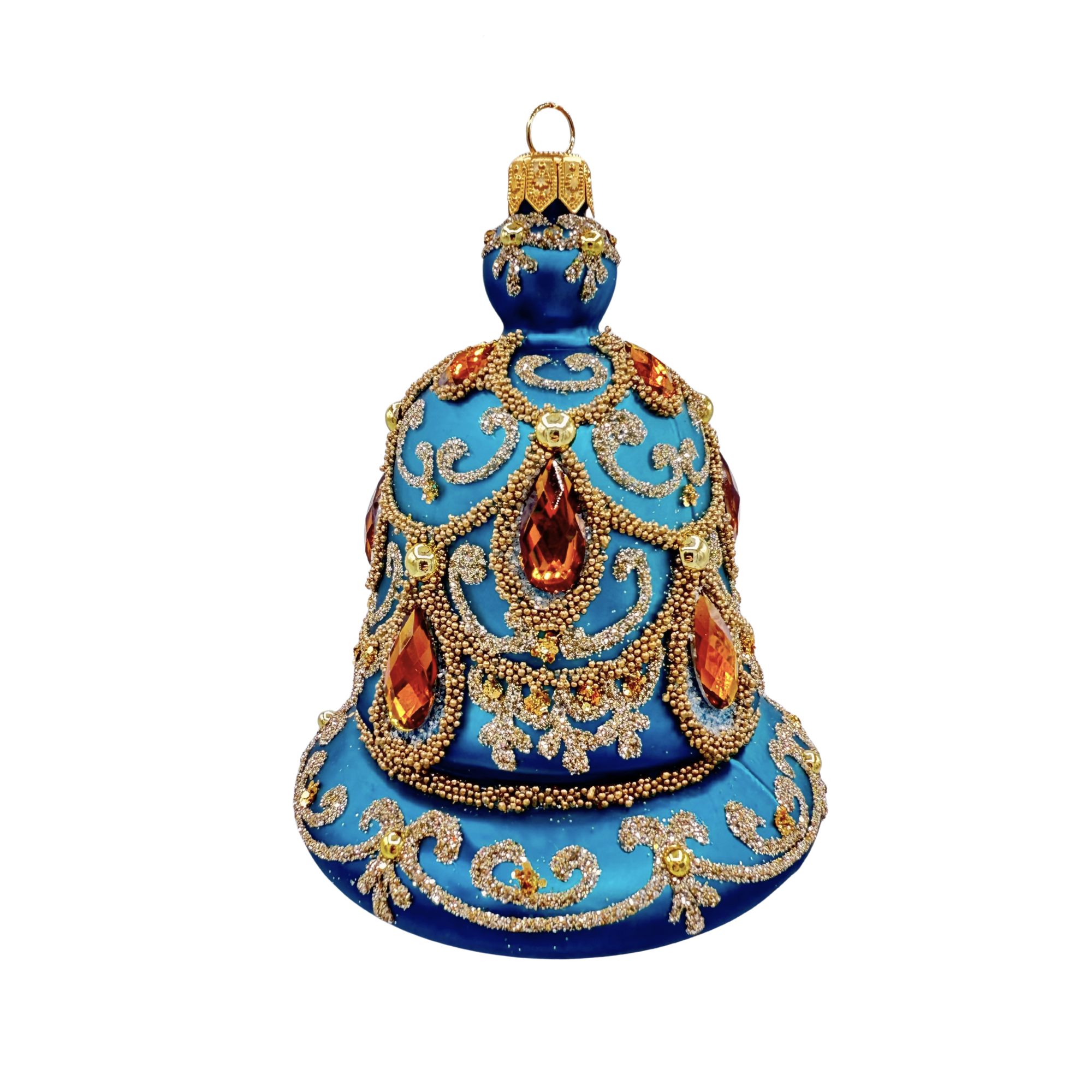 Cloche en verre décorative bleue avec motifs en relief dorés et pierres facettées, attache métallique au sommet