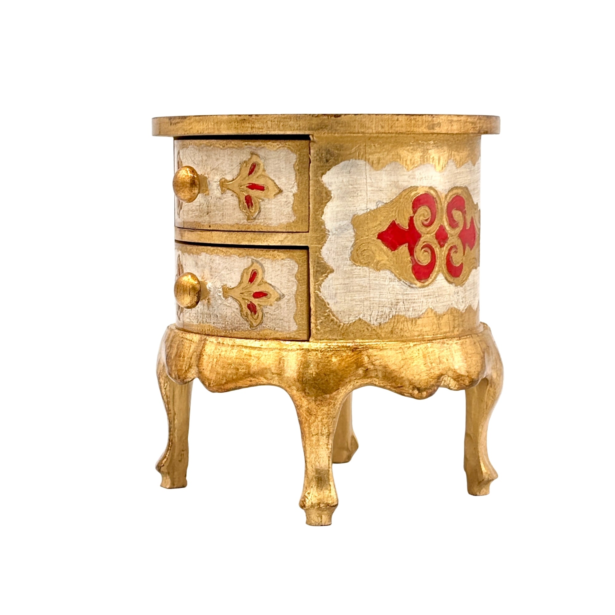 Petite commode ronde faite main à deux tiroirs, finition dorée avec motifs rouges et pieds galbés