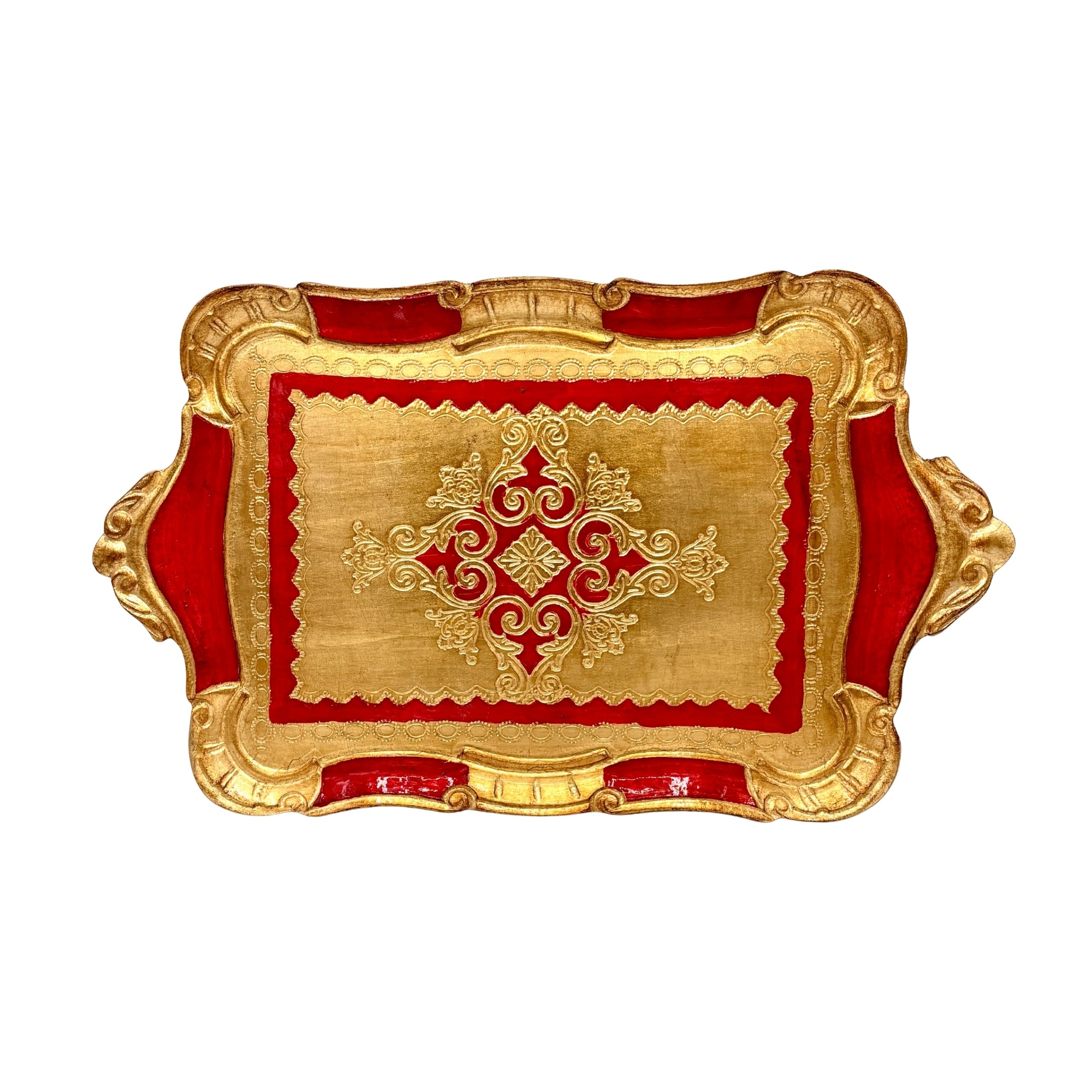 Plateau rectangulaire intermédiaire rouge et doré, décor baroque avec motifs floraux en relief et bords sculptés