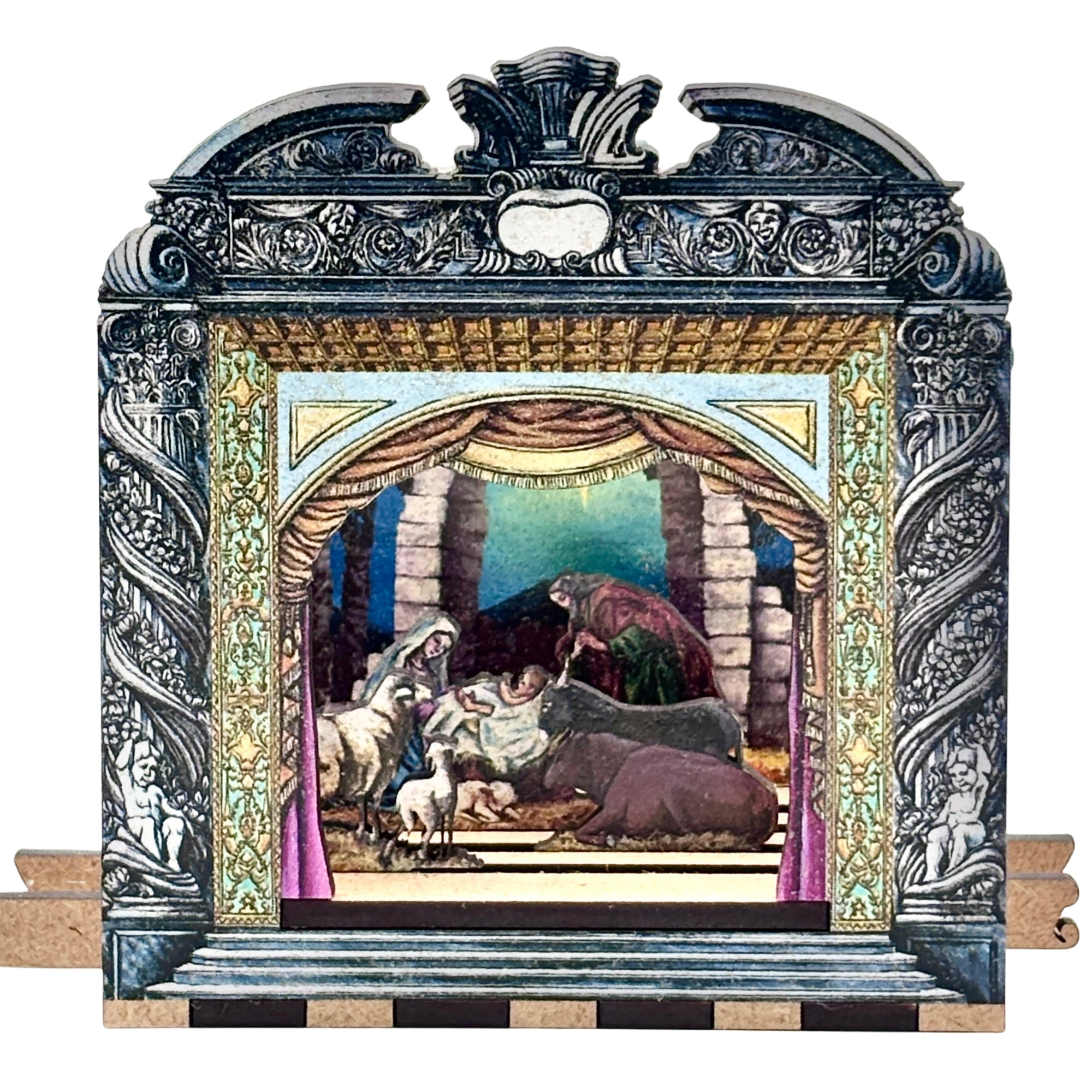 Petit théâtre miniature en carton décoré, scène de crèche avec Marie, Joseph, Jésus et animaux sous arche ornée