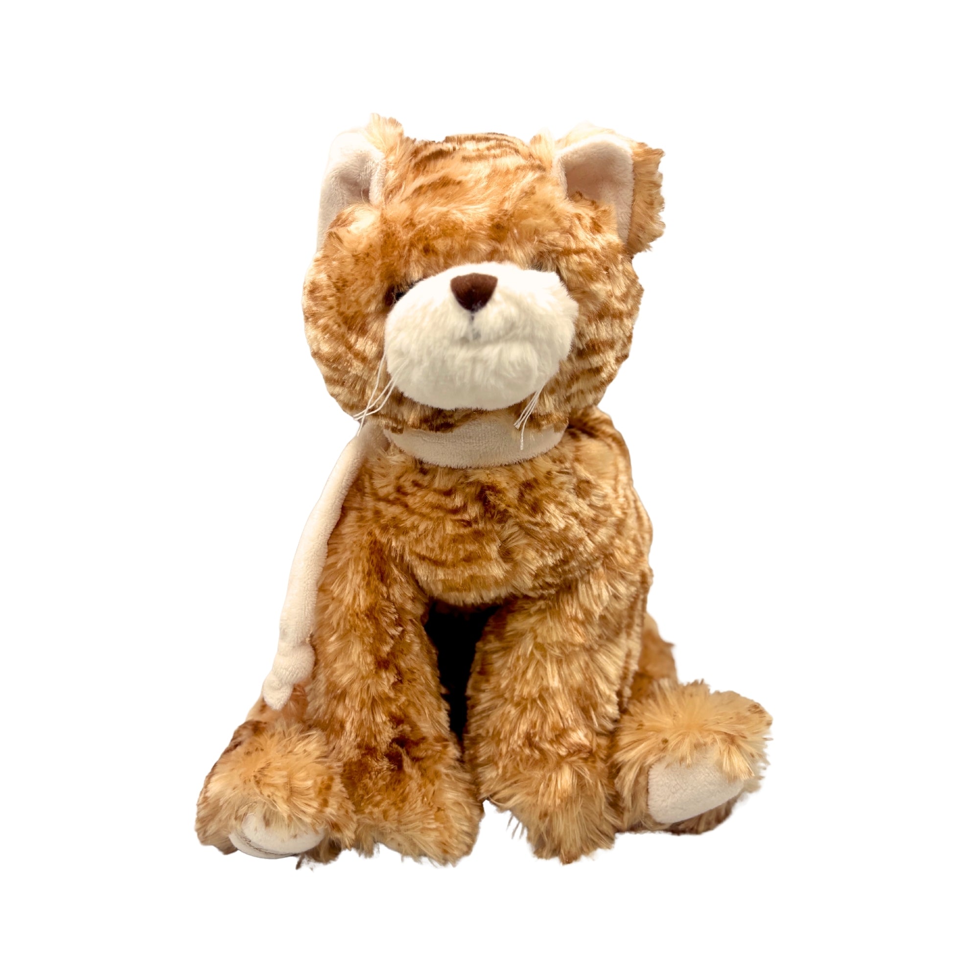 Peluche chat tigré orange assis, pelage doux, museau et pattes blancs, finition réaliste