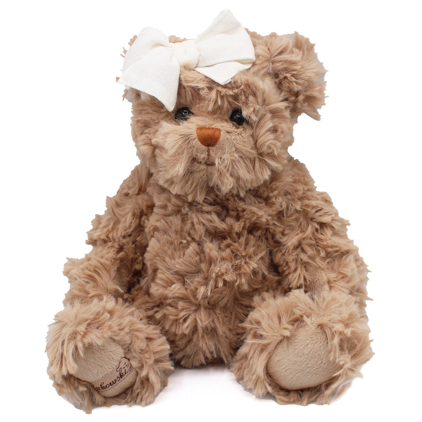 Ourson en peluche brun et blanc avec grand nœud blanc et nez brodé à la main