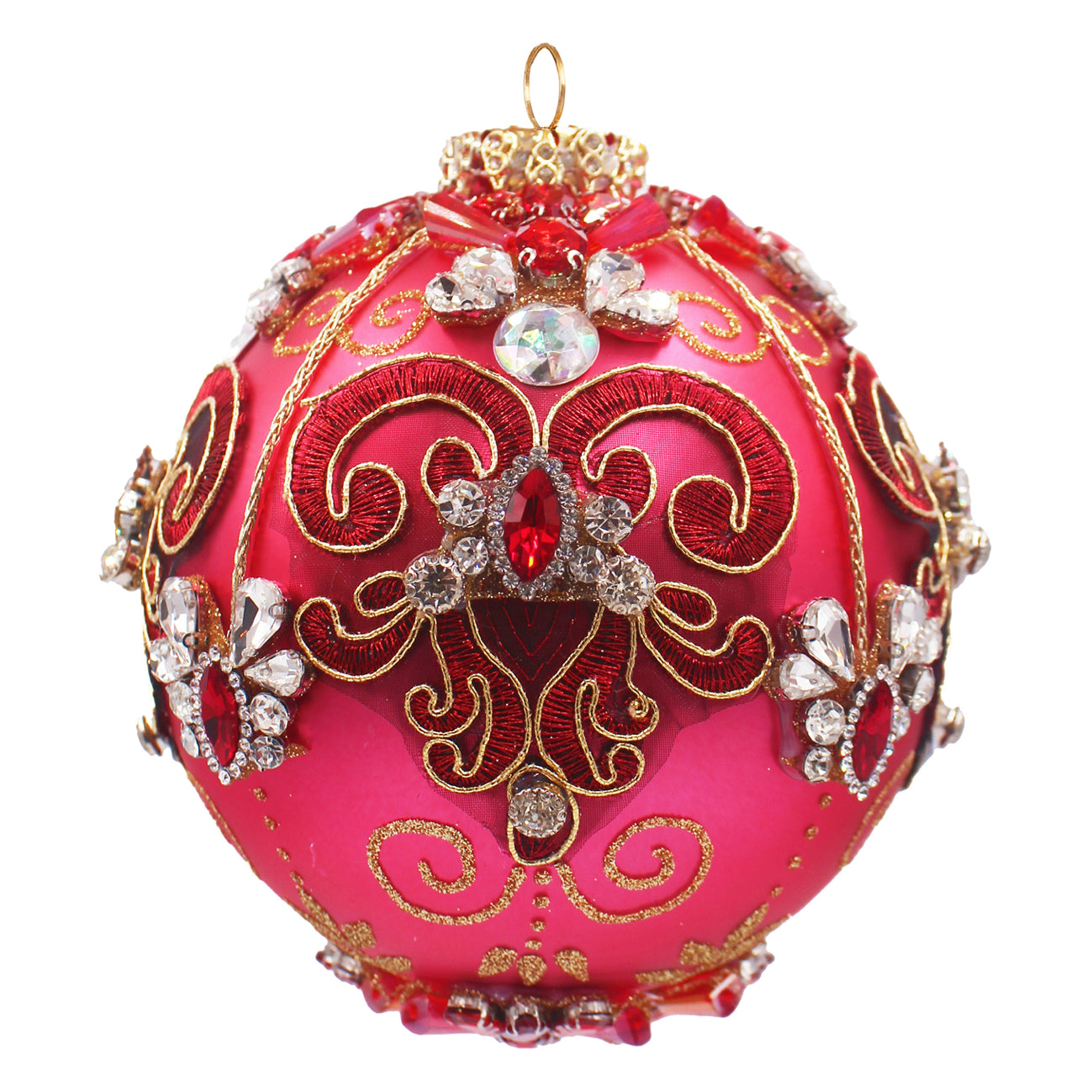 Boule de Noël en verre soufflé rose et dorée, brodée de motifs rouges et cristaux
