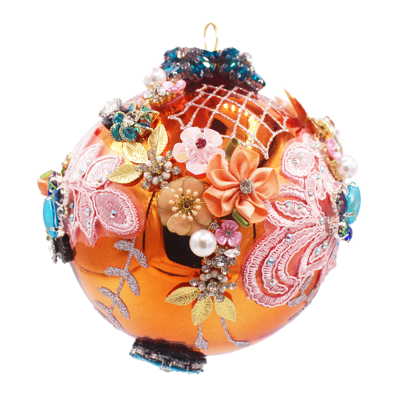 Boule de Noël en verre soufflé orange décorée de fleurs brodées roses et de perles