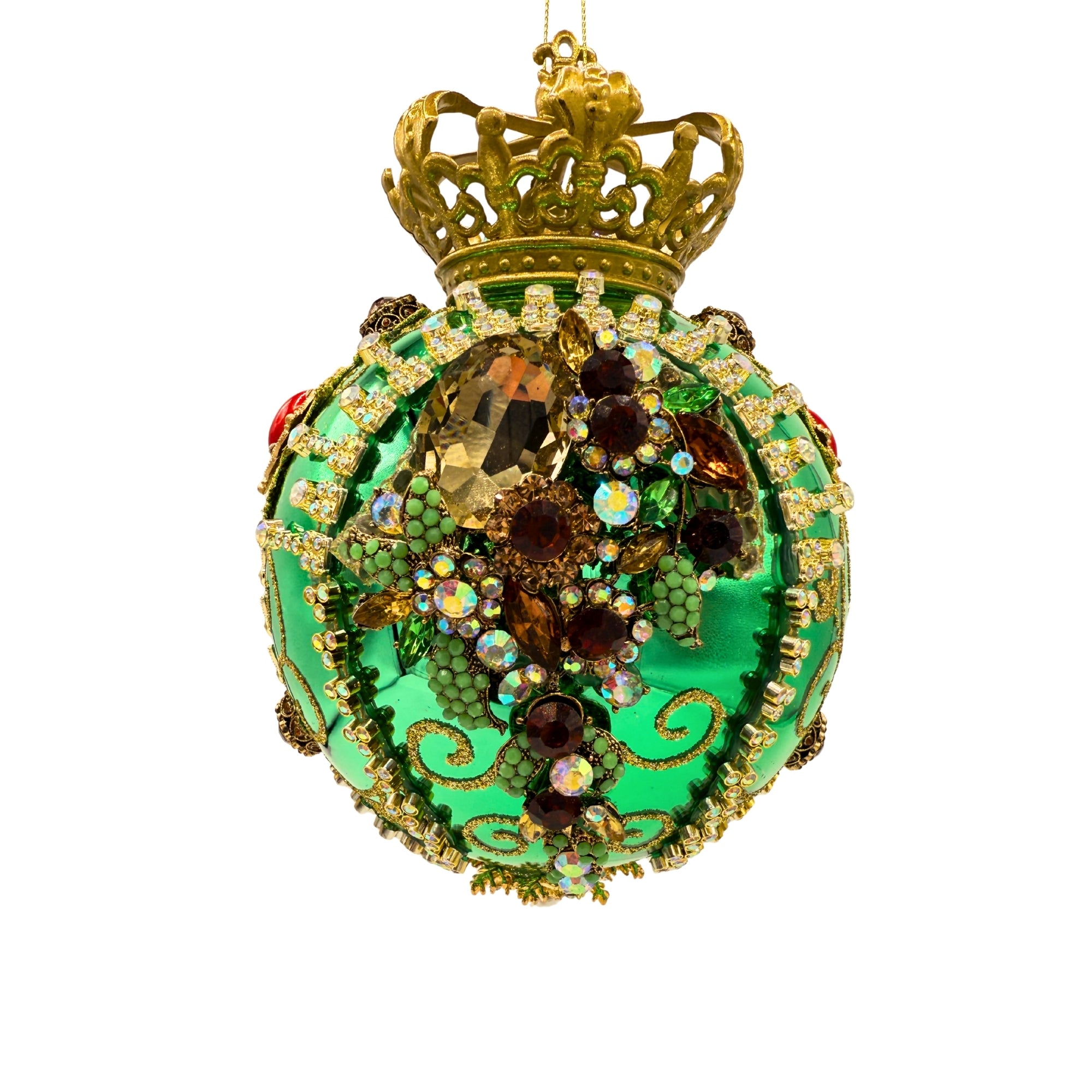 Boule de Noël verte à couronne dorée, ornée de strass et perles multicolores