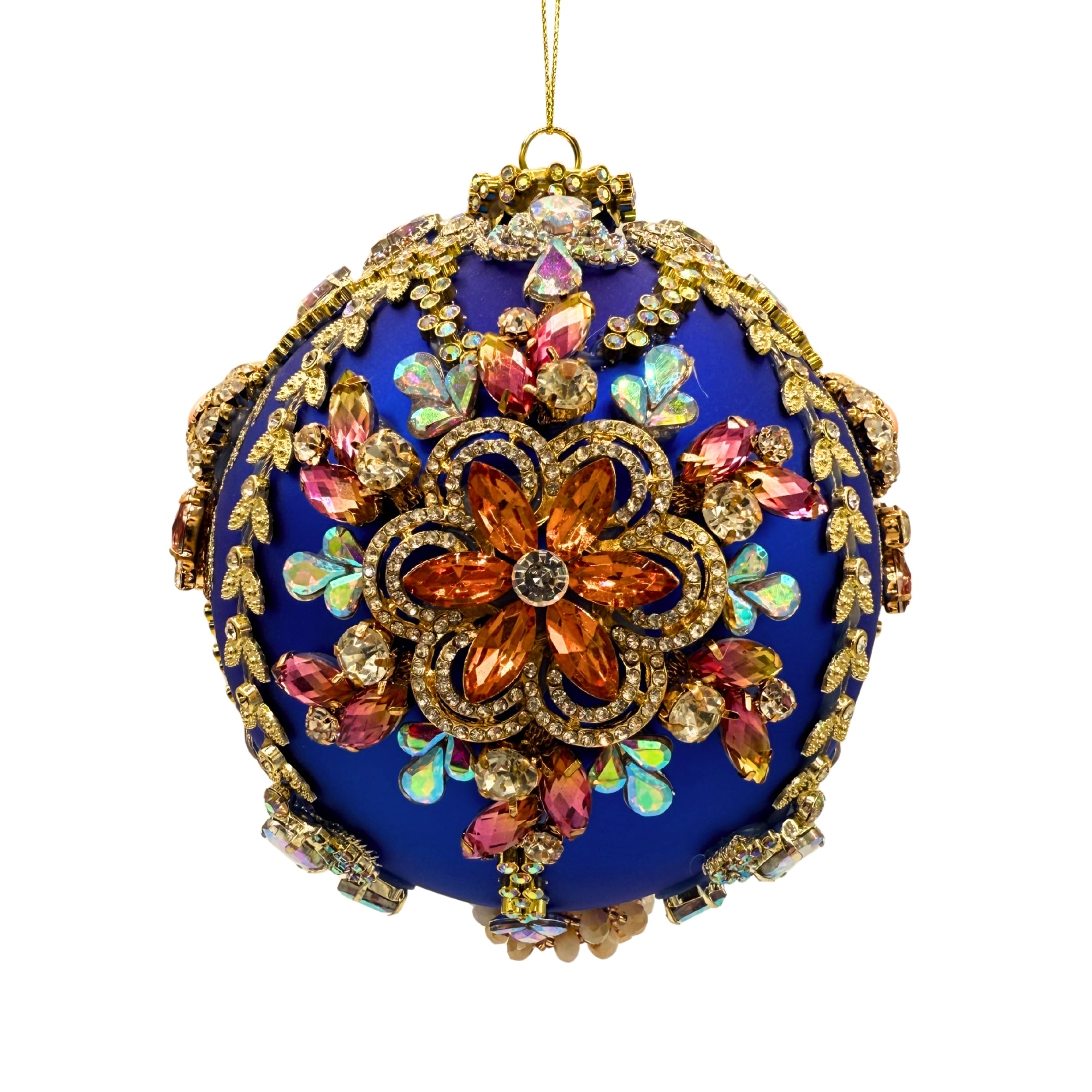 Boule de Noël bleue ornée de cristaux multicolores et motifs dorés, pendentif décoratif raffiné à suspendre