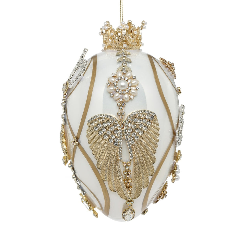 Oeuf de Noël en verre crème et doré, couronne, perles et ailes serties de cristaux