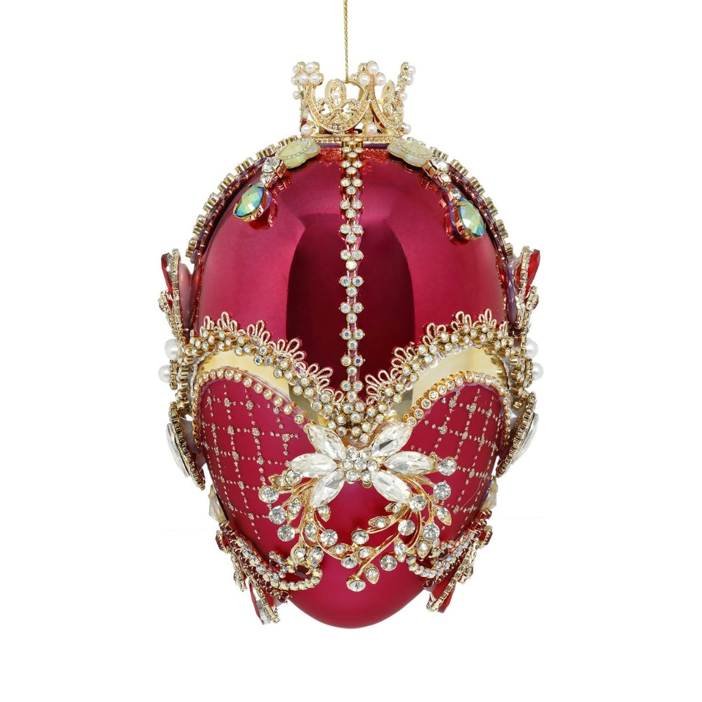 Oeuf de Noël en verre soufflé rose et doré, orné de perles, cristaux et couronne