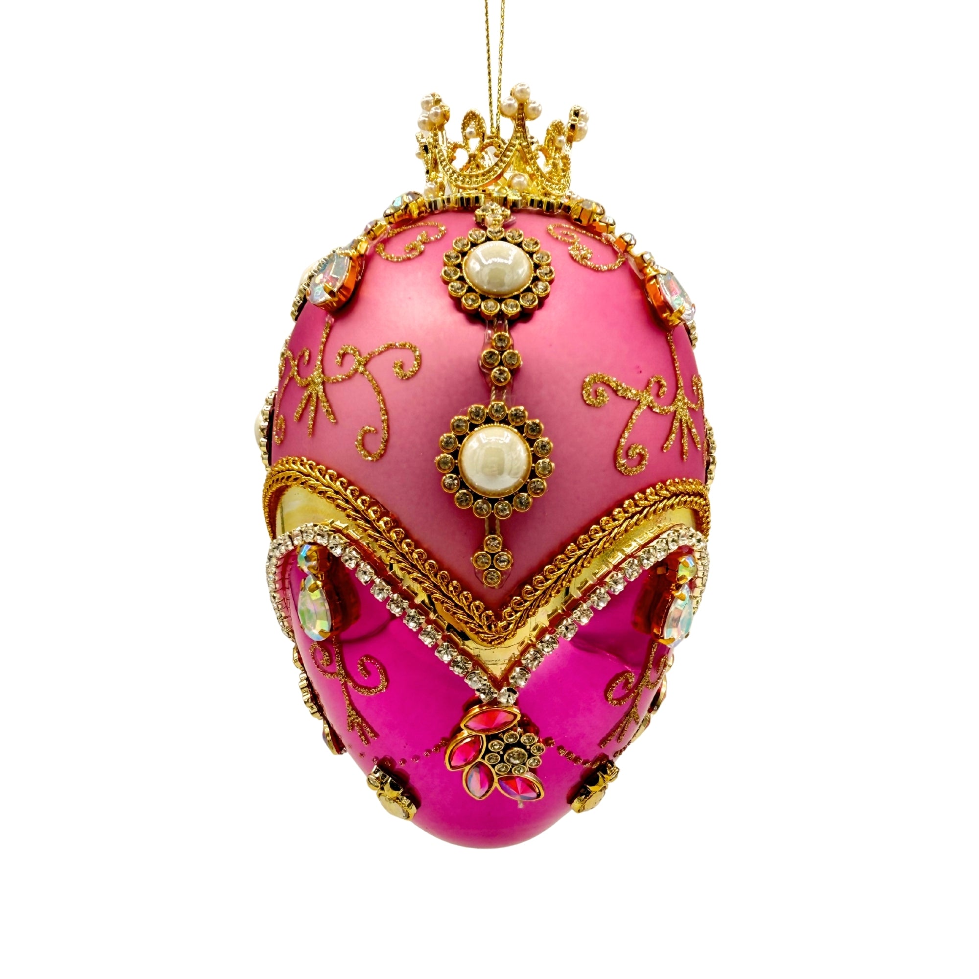 Oeuf de Noël rose et doré, orné de perles, strass et motifs baroques avec couronne décorative