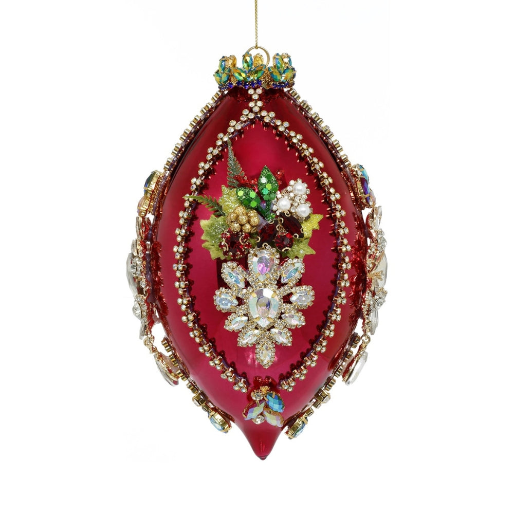 Oeuf de Noël en verre soufflé rouge décoré de cristaux verts, dorés et blancs