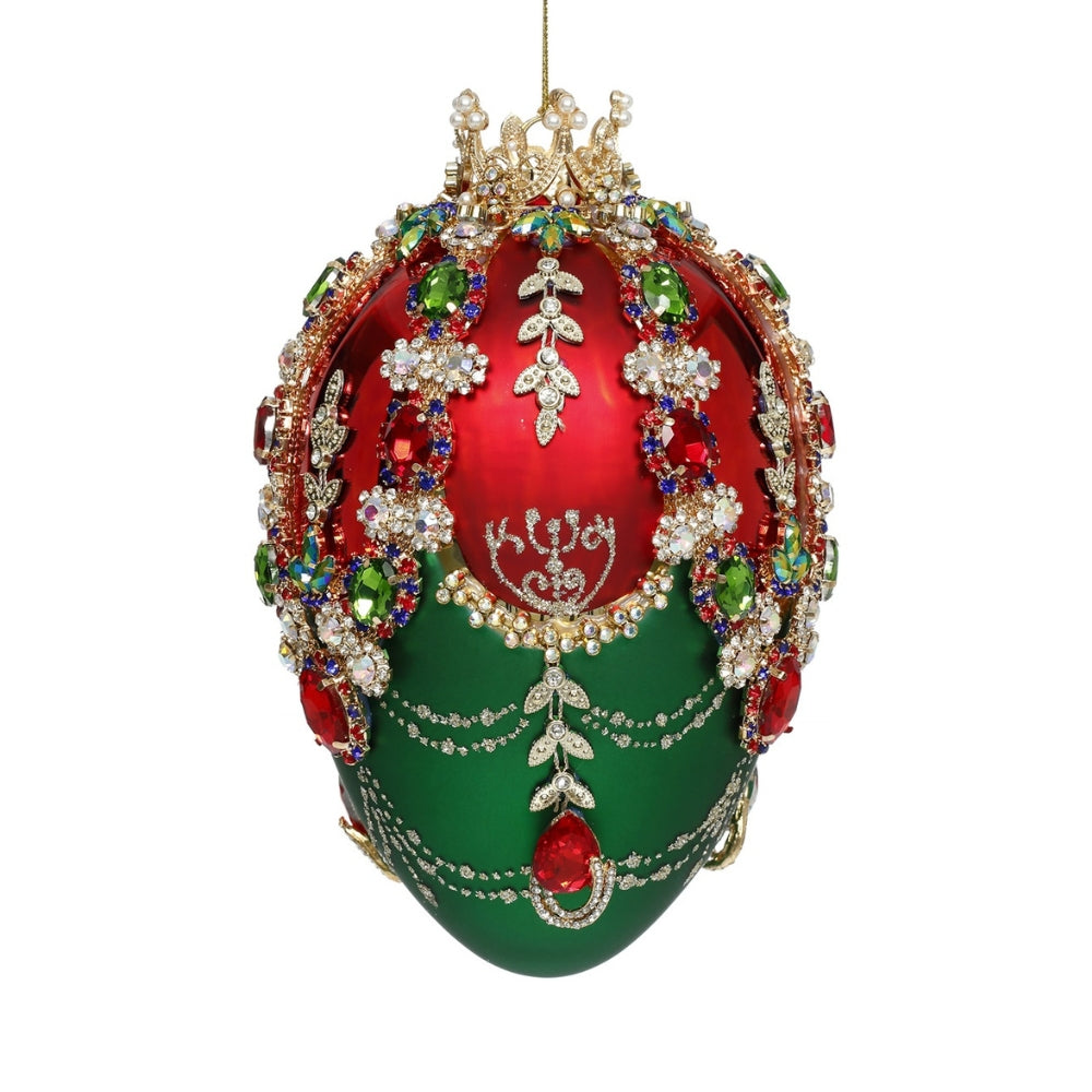 Oeuf de Noël en verre soufflé rouge et vert, orné de cristaux et perles dorés