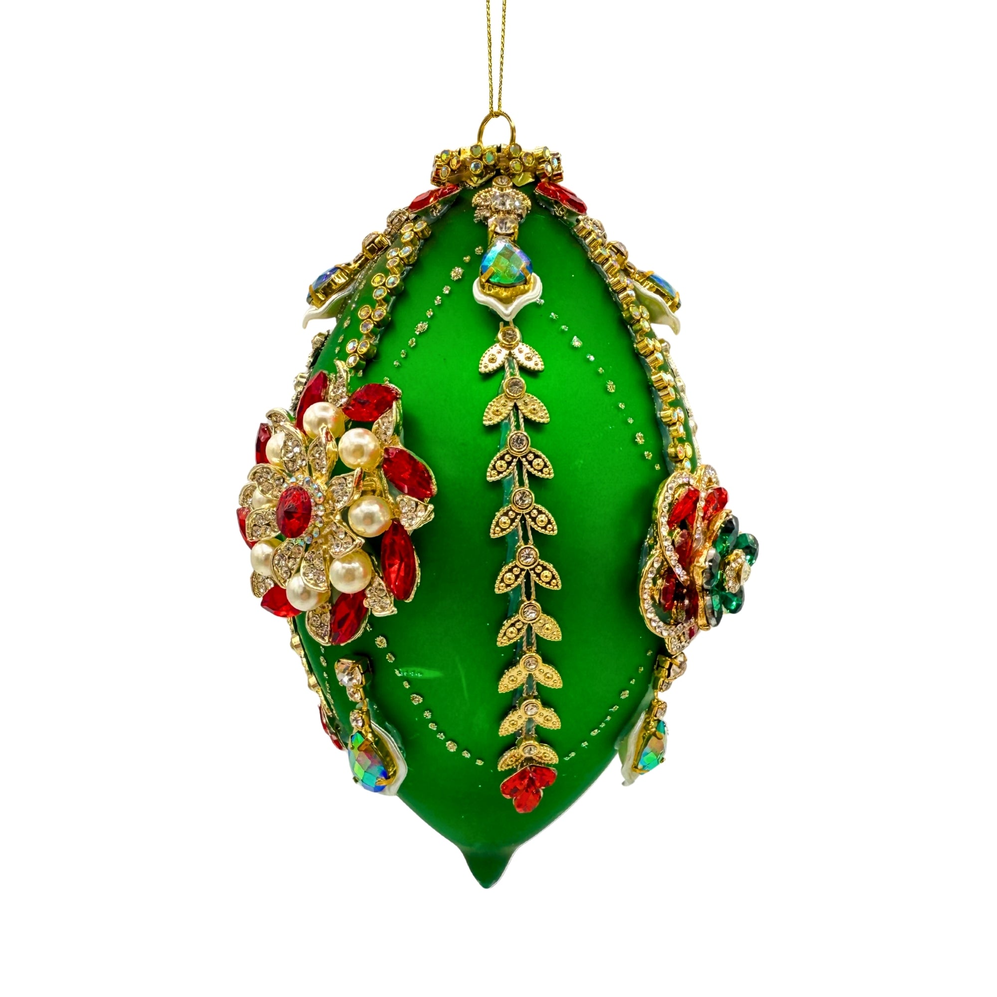 Ornement en verre soufflé vert avec incrustations dorées, perles et cristaux rouges