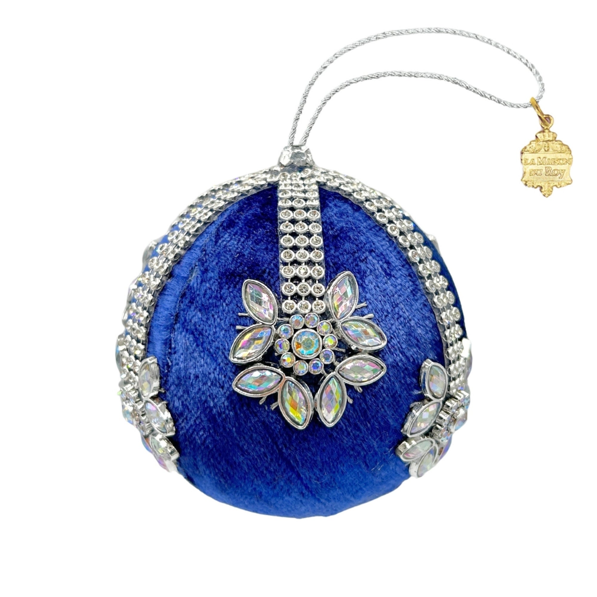 Boule de Noël en velours bleu profond ornée de fleurs en strass et cordon argenté