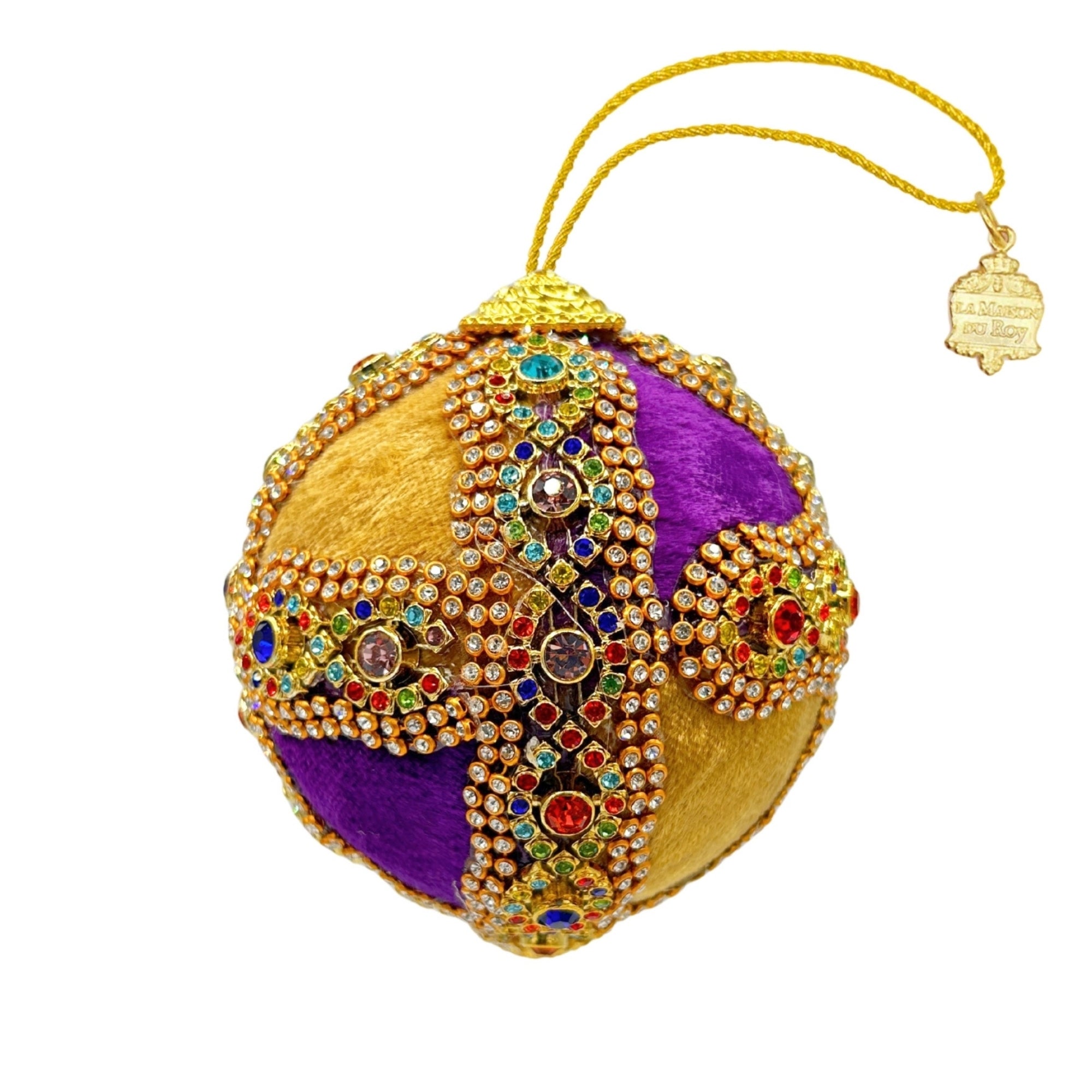 Boule de Noël en velours violet et doré, croix strassée multicolore et cordon doré